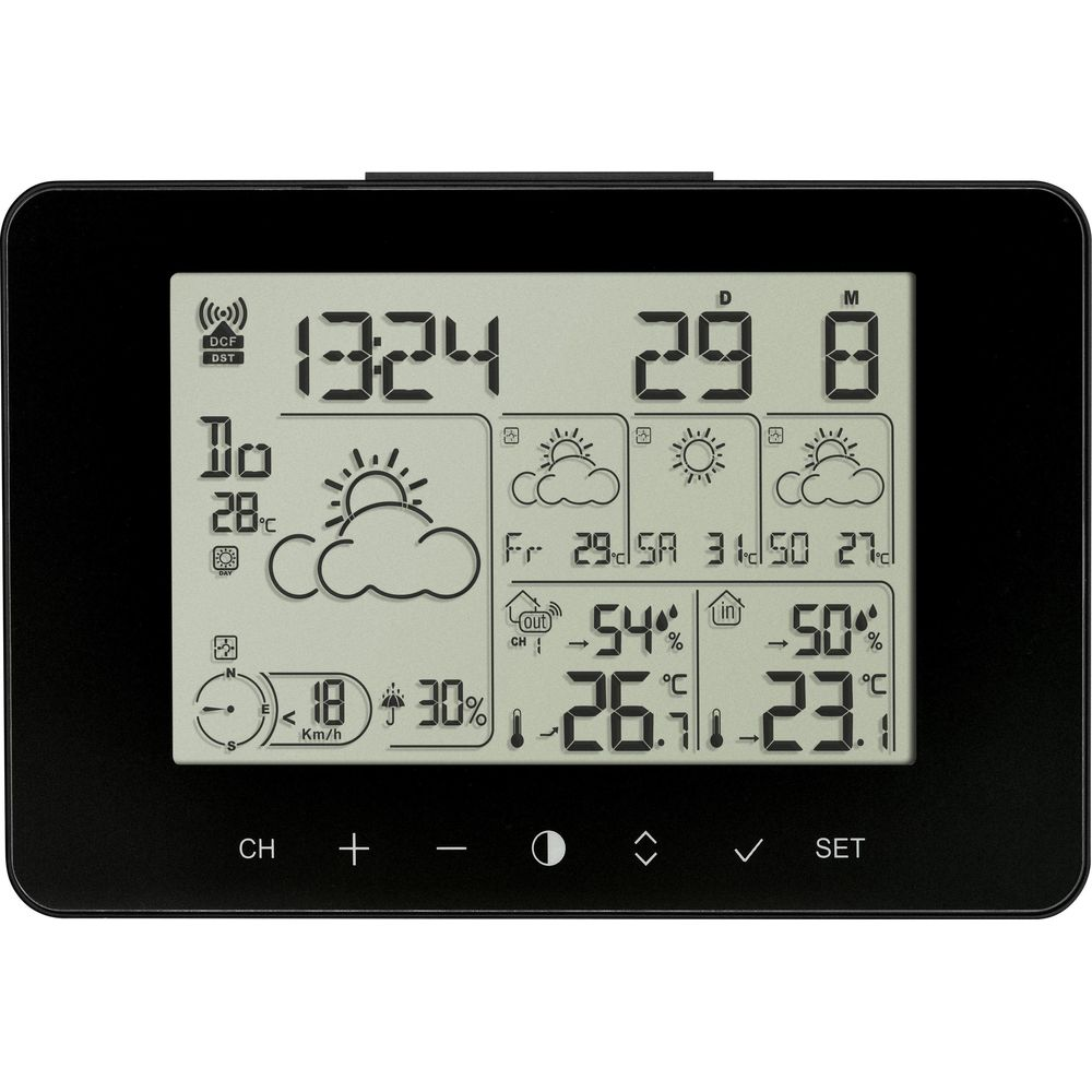 Display meteo digitale: ora, data, temp. esterna e umidità.