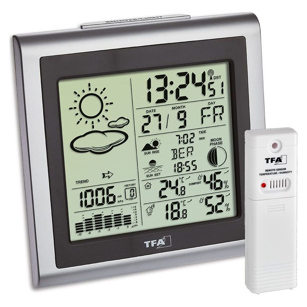 Digitalwetterstation mit Außensensor. Zeigt Zeit, Datum, Temperatur und Luftfeuchtigkeit.