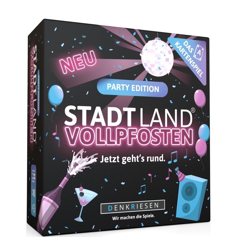 Spiel "Stadt Land Vollpfosten", Party Edition, mit Disco-Kugel und Sektflasche.