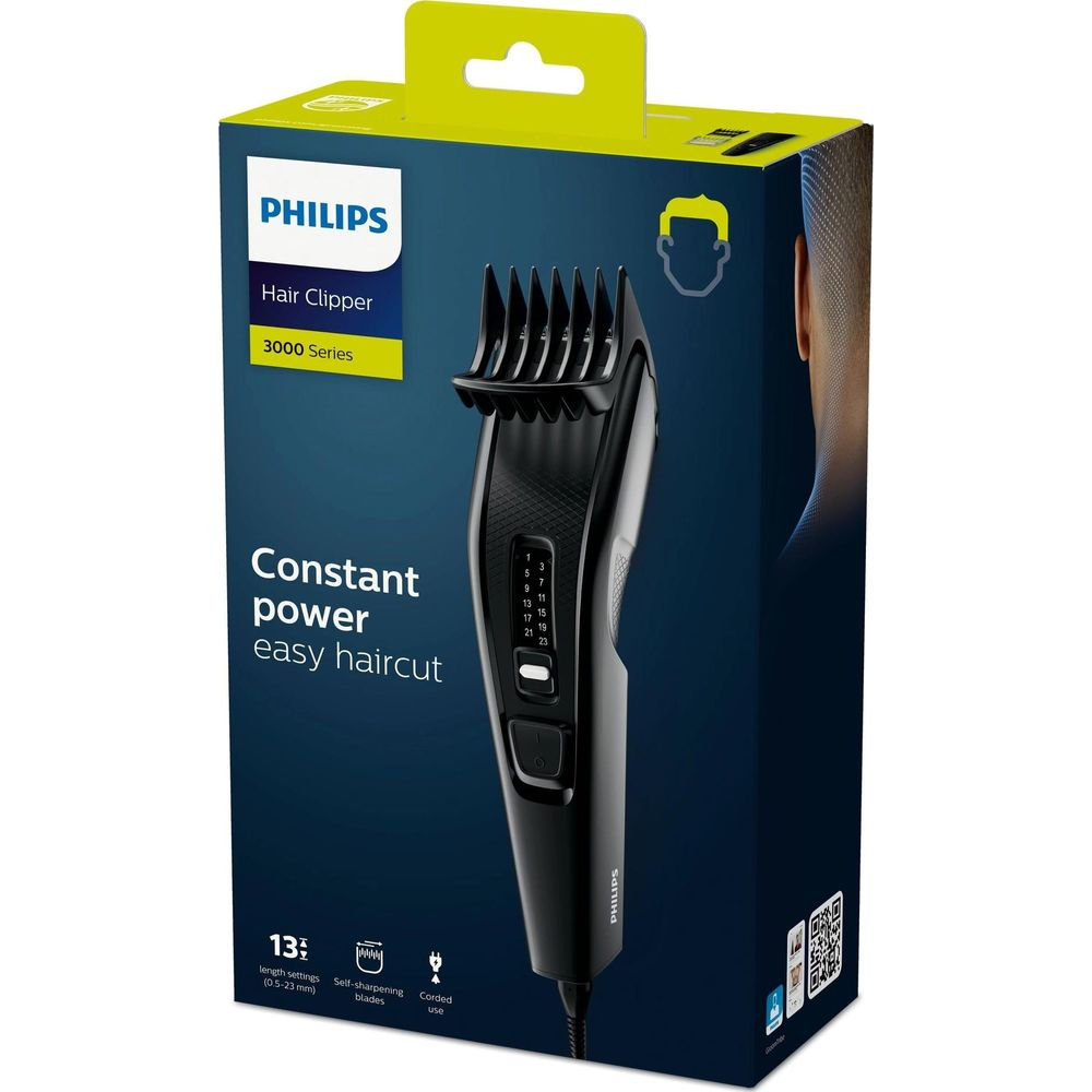 Confezione di un tagliacapelli Philips Serie 3000 nero con impostazioni di lunghezza.