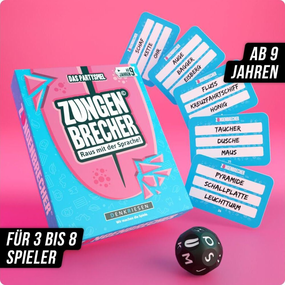 Spielpackung Zungenbrecher, Karten und Würfel. Für 3-8 Spieler ab 9 Jahren.