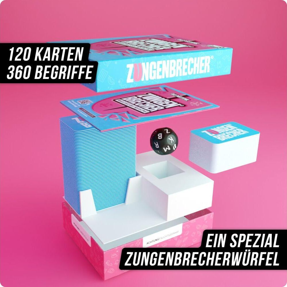 Spielkomponenten mit Karten, Würfel und Boxen in Blau und Pink.
