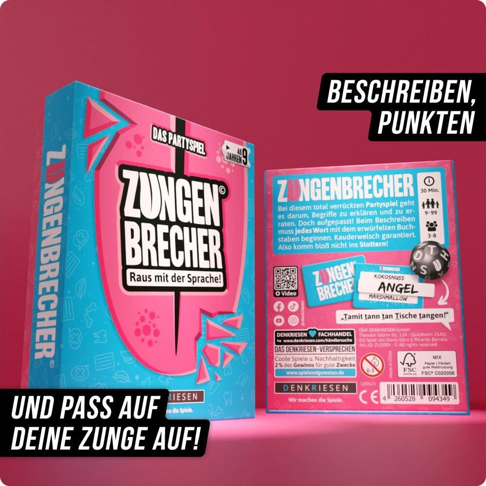 Zungenbrecher Partyspiel mit Karten, Spielbrett und Würfel. Ab 9 Jahren.
