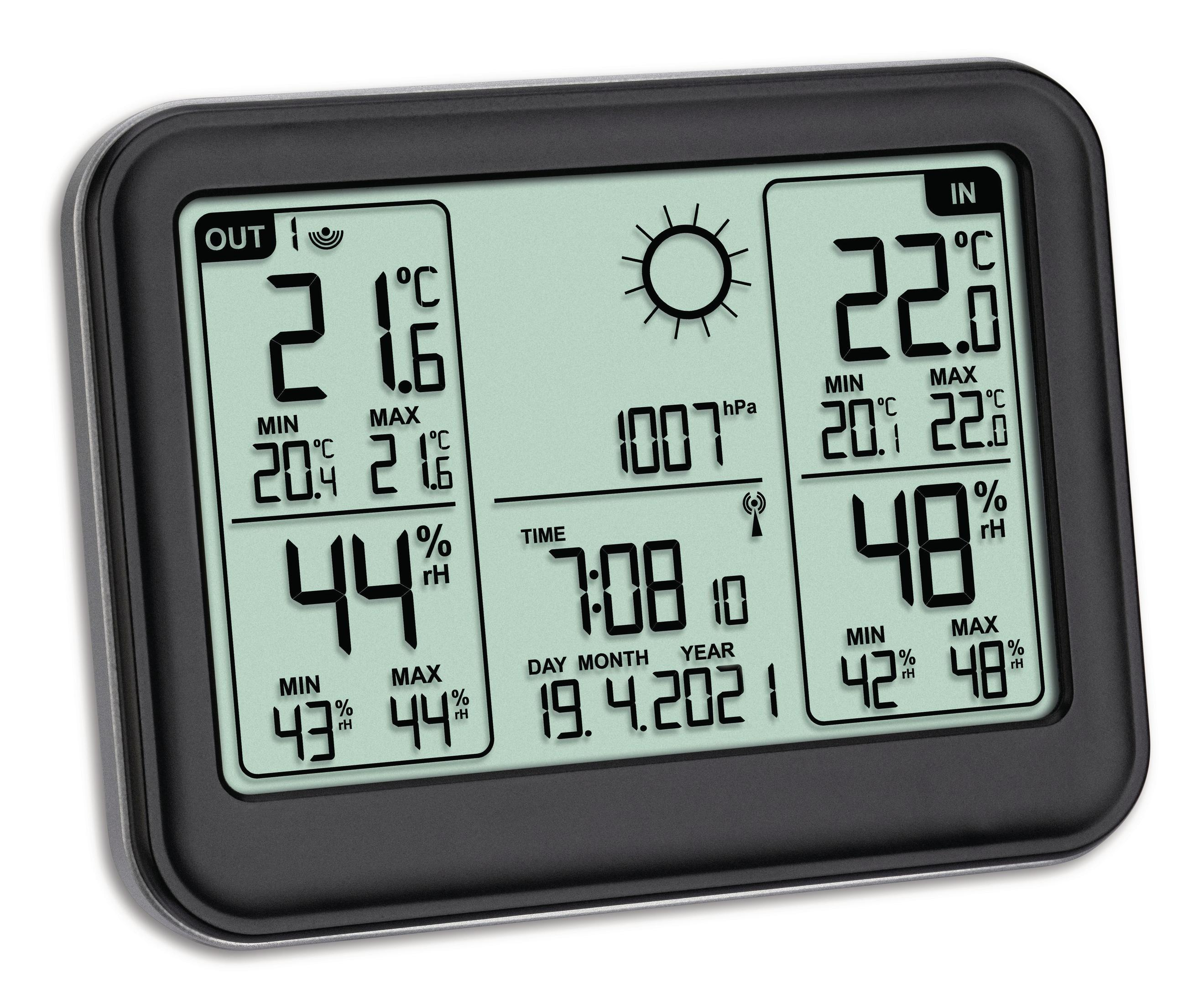Digitales Wettergerät zeigt Außentemperatur 21°C, Innentemperatur 22°C, Luftdruck 1007hPa.