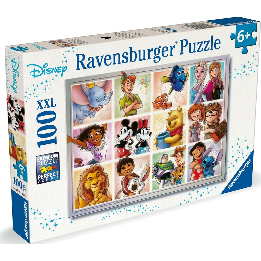 Pudełko puzzli Ravensburger z postaciami Disneya, takimi jak Dumbo, Piotruś Pan, Nemo, Elsa, Anna.