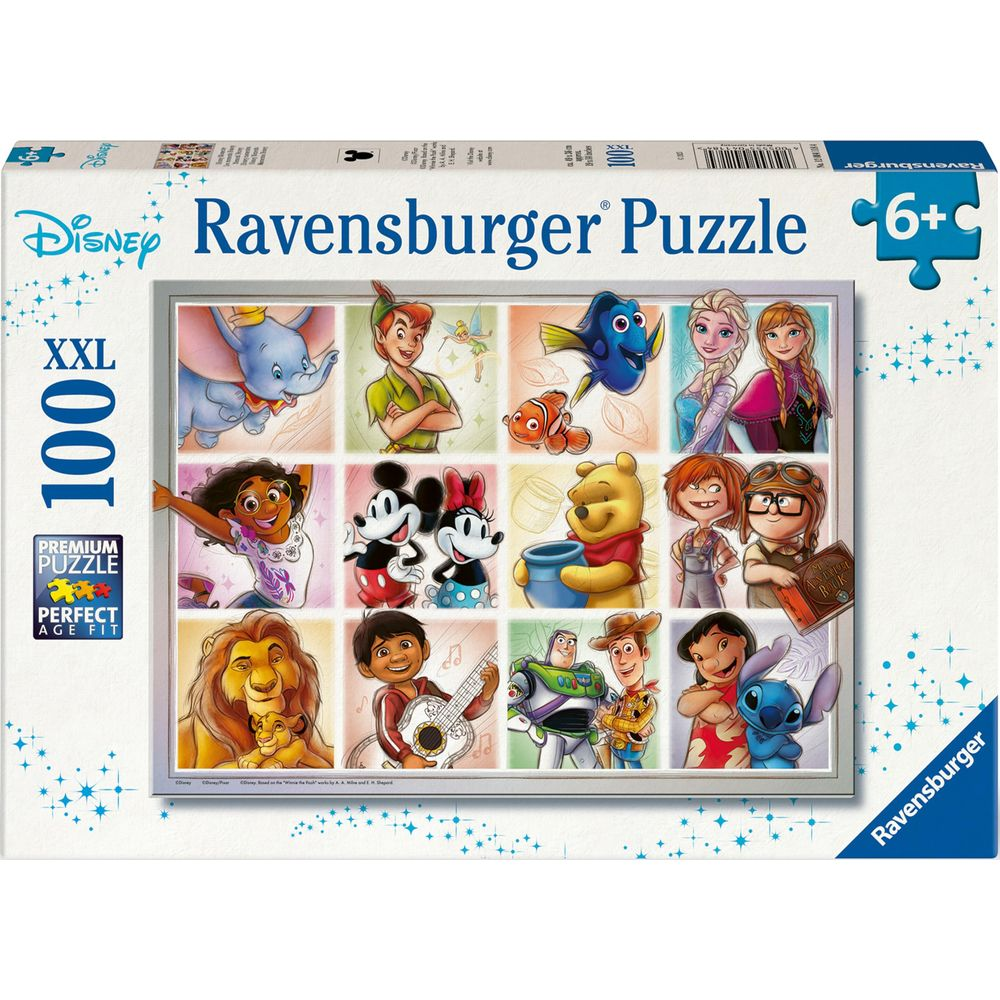 Pudełko puzzli Ravensburger Disney z 12 scenami postaci: Dumbo, Piotruś Pan, Nemo, Elsa, Anna, Mirabel, Myszka Miki & Minnie, Kubuś Puchatek, dzieci z "Odlotu", Simba, chłopiec z gitarą, Buzz i Woody, Stitch.