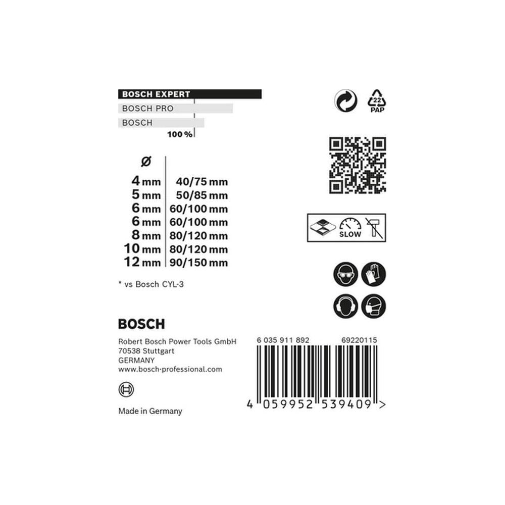 Informacje o produkcie Bosch Expert Pro z rozmiarami i symbolami bezpieczeństwa.