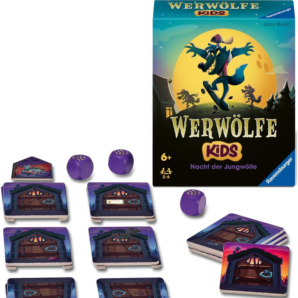 Scatola del gioco Werwölfe Kids con dadi e case.