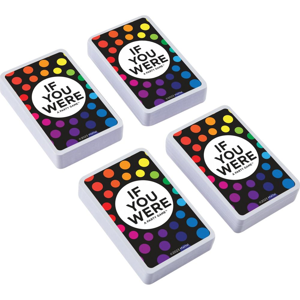 Quattro mazzi di carte da gioco con motivo a pois colorati e titolo 'IF YOU WERE'.