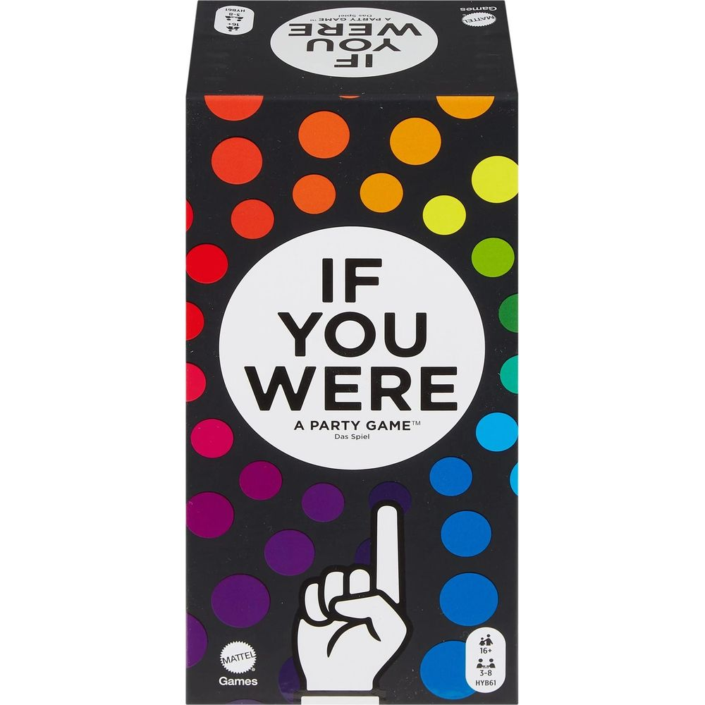 Scatola del gioco da tavolo 'If You Were'. Nero con pois colorati e testo bianco.