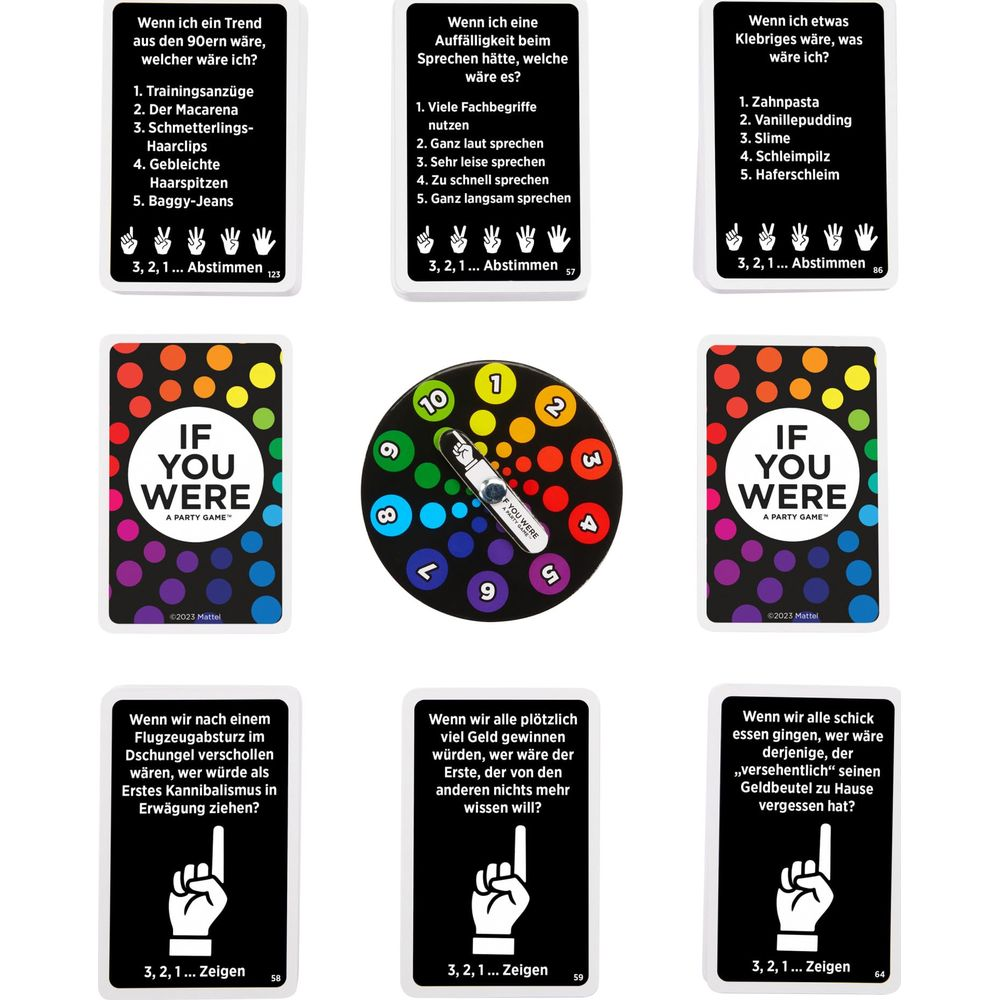 Sei carte e una ruota di gioco per il gioco da festa "If You Were".
