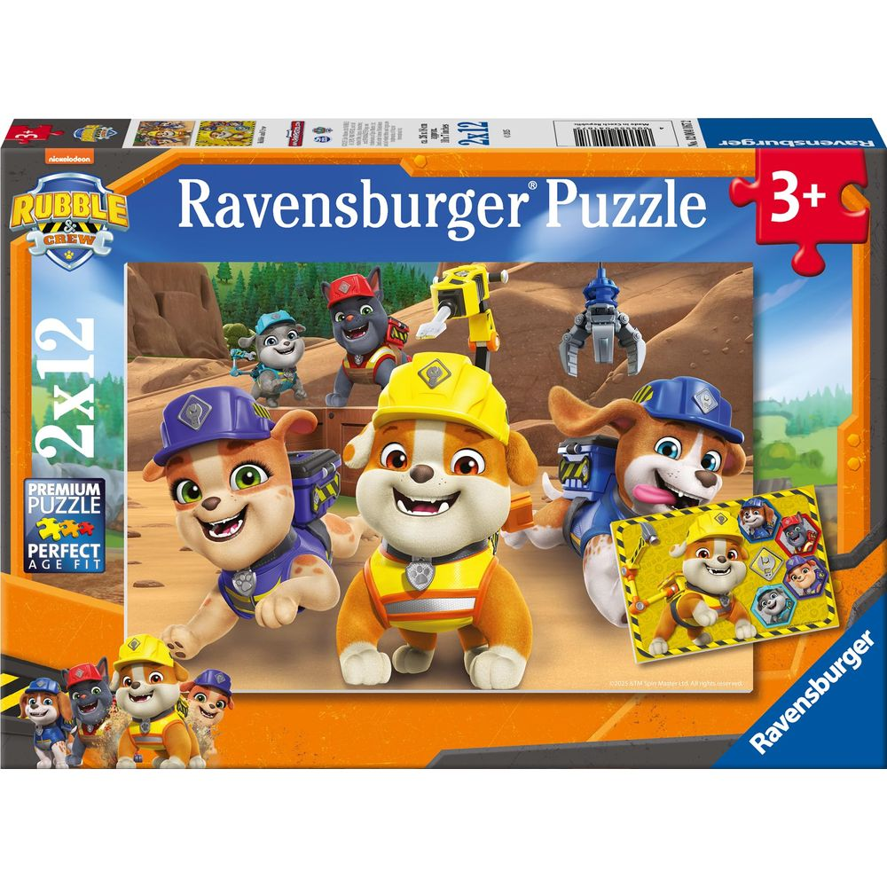 Puzzle Ravensburger z psami z Psiego Patrolu w strojach budowlanych.