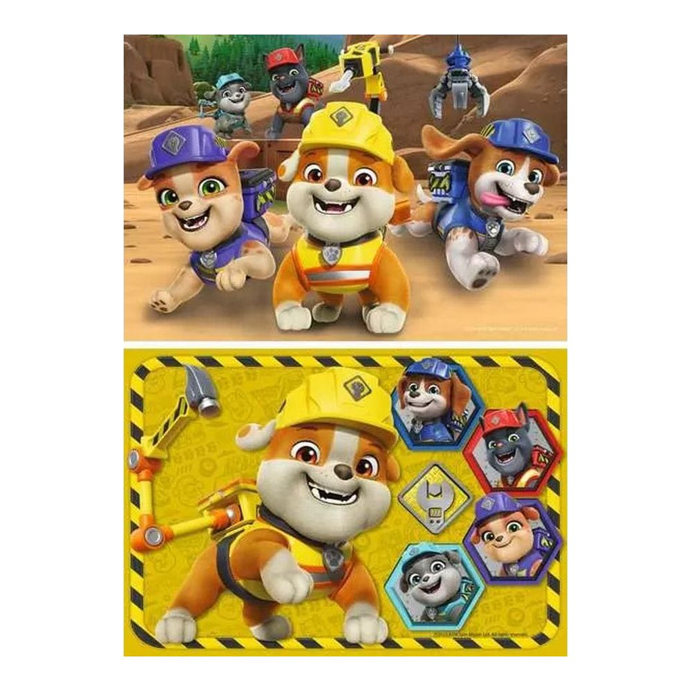 Cztery psy z Psiego Patrolu w strojach budowlanych pozują na tle pustynnego krajobrazu.