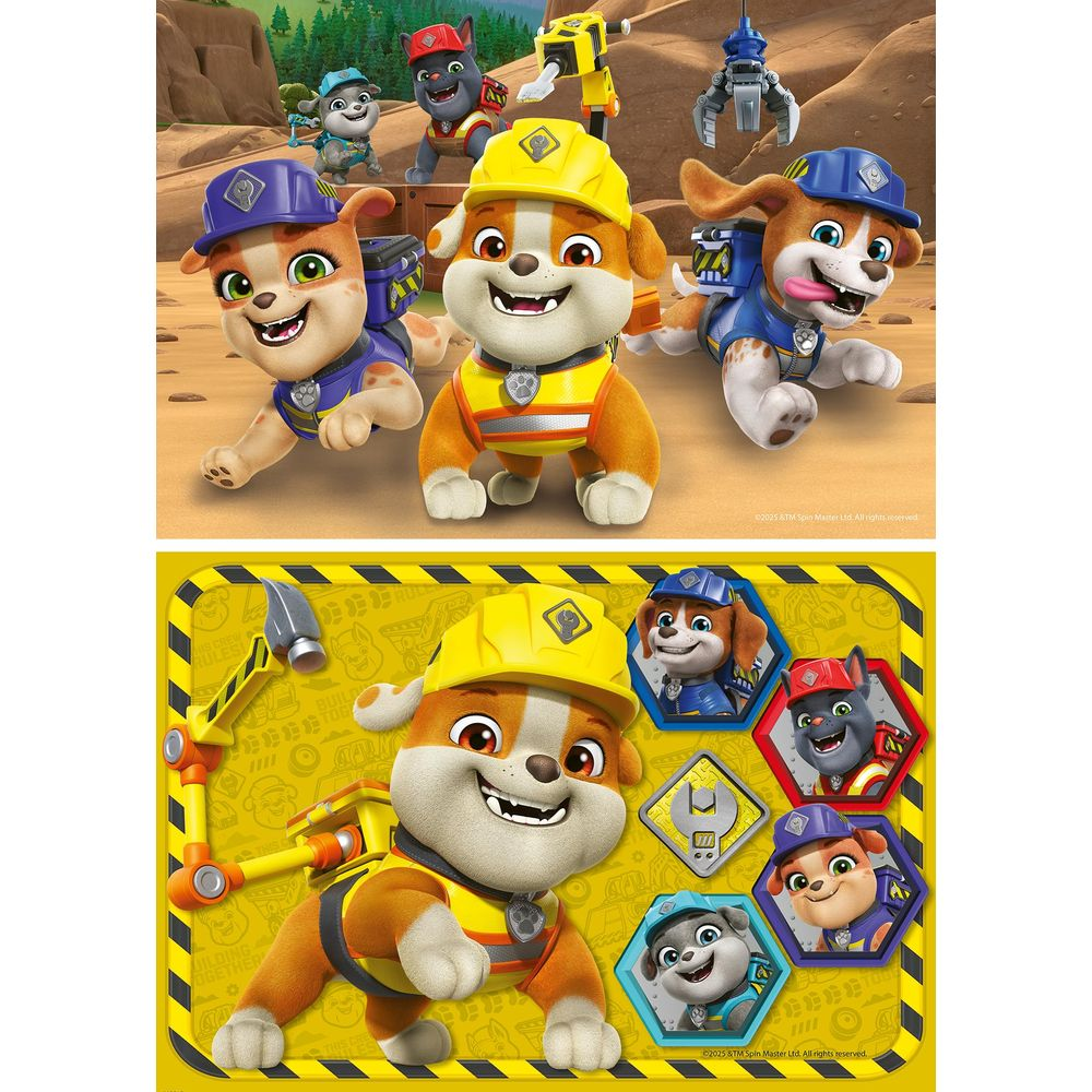 Psy z Psiego Patrolu w strojach budowlanych, na zewnątrz i na żółtym tle.