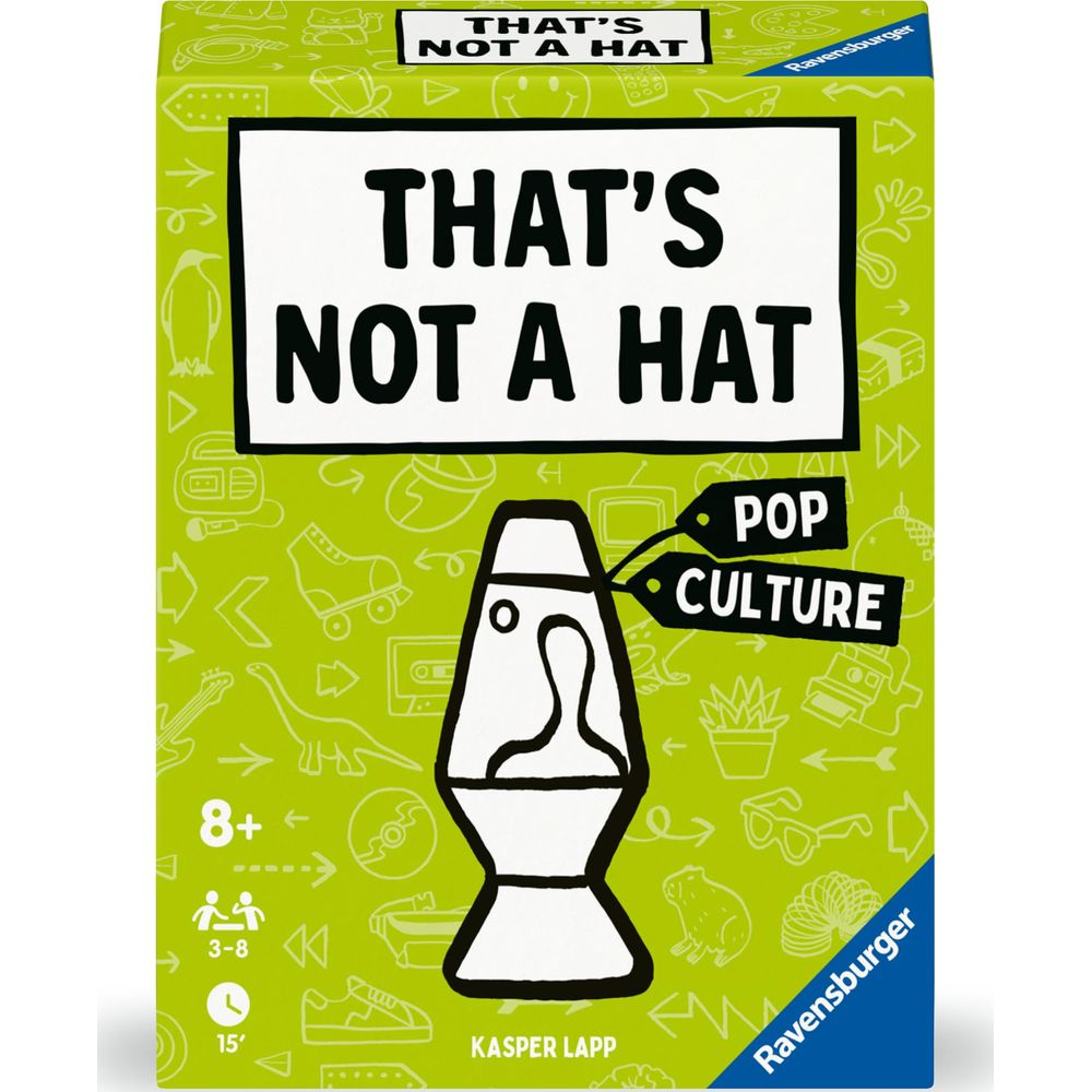 Pudełko gry 'That's Not A Hat' z lampą lawową i ikonami popkultury.