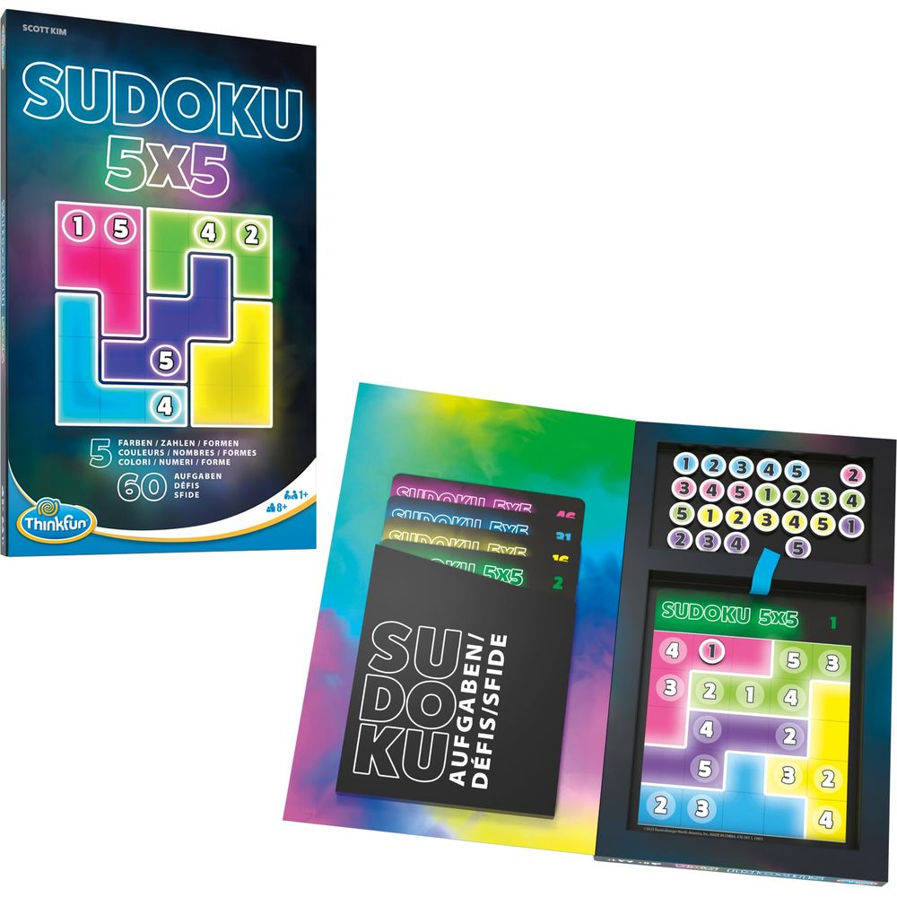 ThinkFun Sudoku 5x5 Spiel mit 60 Aufgaben, Farben und Zahlen.
