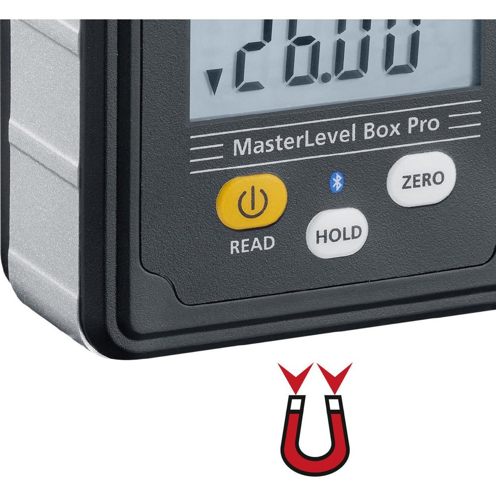 Digitaler Messgerät mit Tasten: READ, HOLD, ZERO. Magnet-Symbol unten.