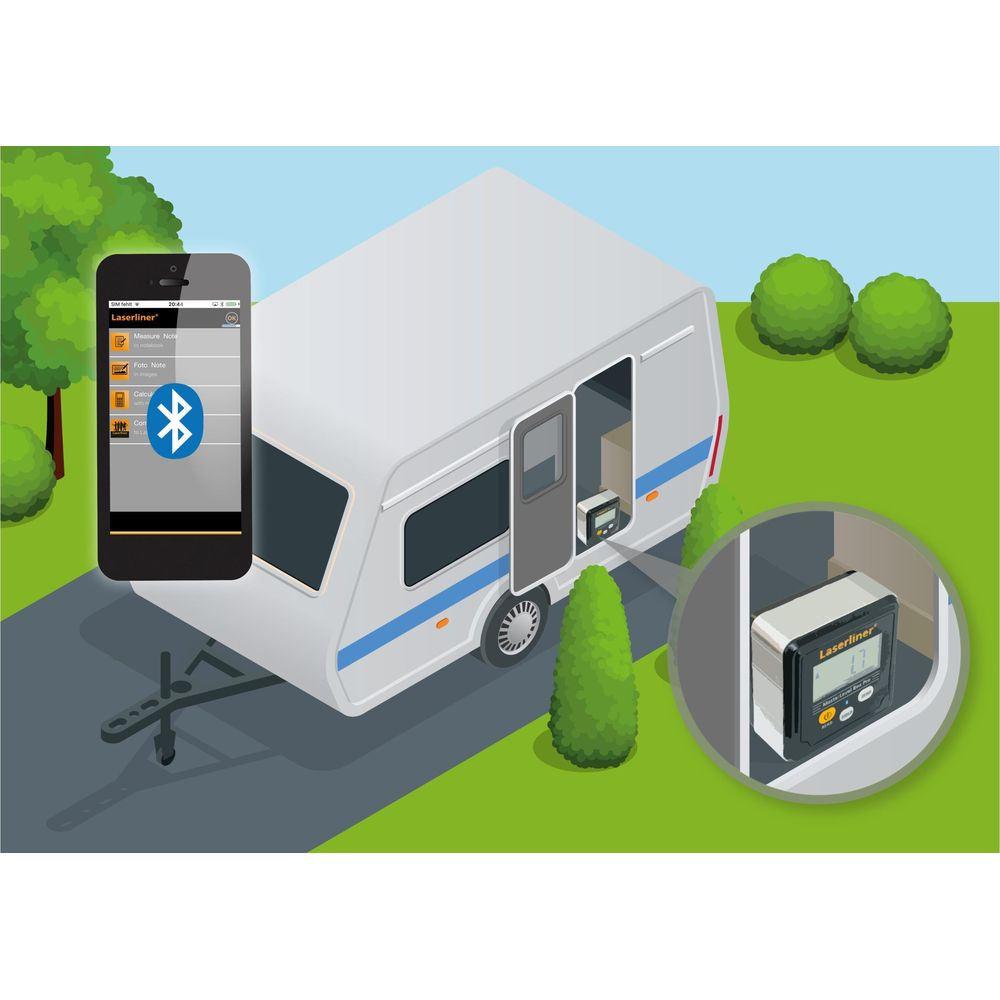 Ein Wohnwagen mit einem Smartphone und einem digitalen Wasserwaagen-Messgerät.