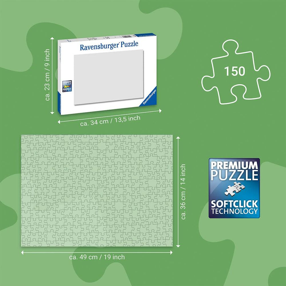 Puzzle Ravensburger: Scatola 34x23 cm, finito 49x36 cm. 150 pezzi.