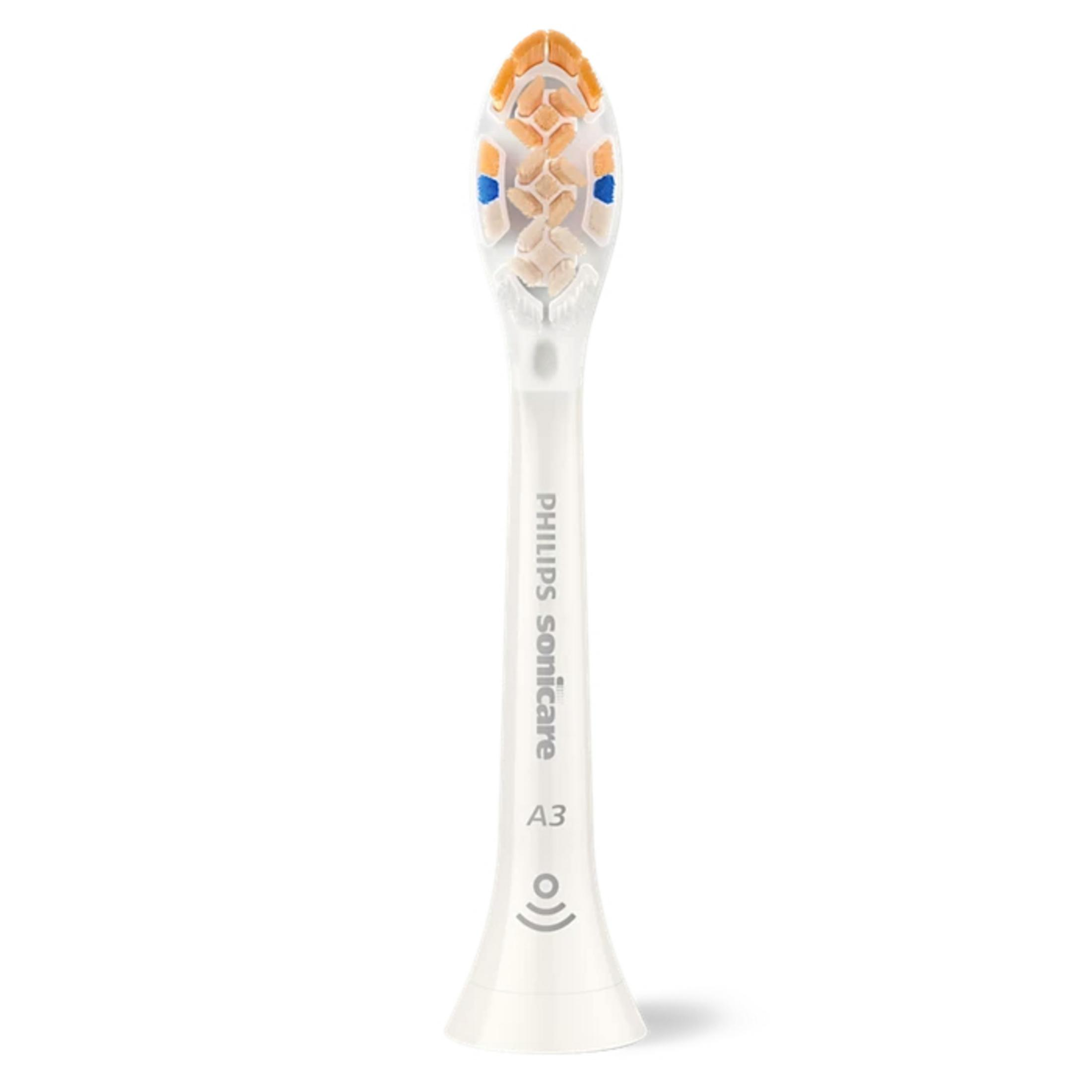 Cabezal de cepillo Philips Sonicare A3 con detalles naranjas y azules.
