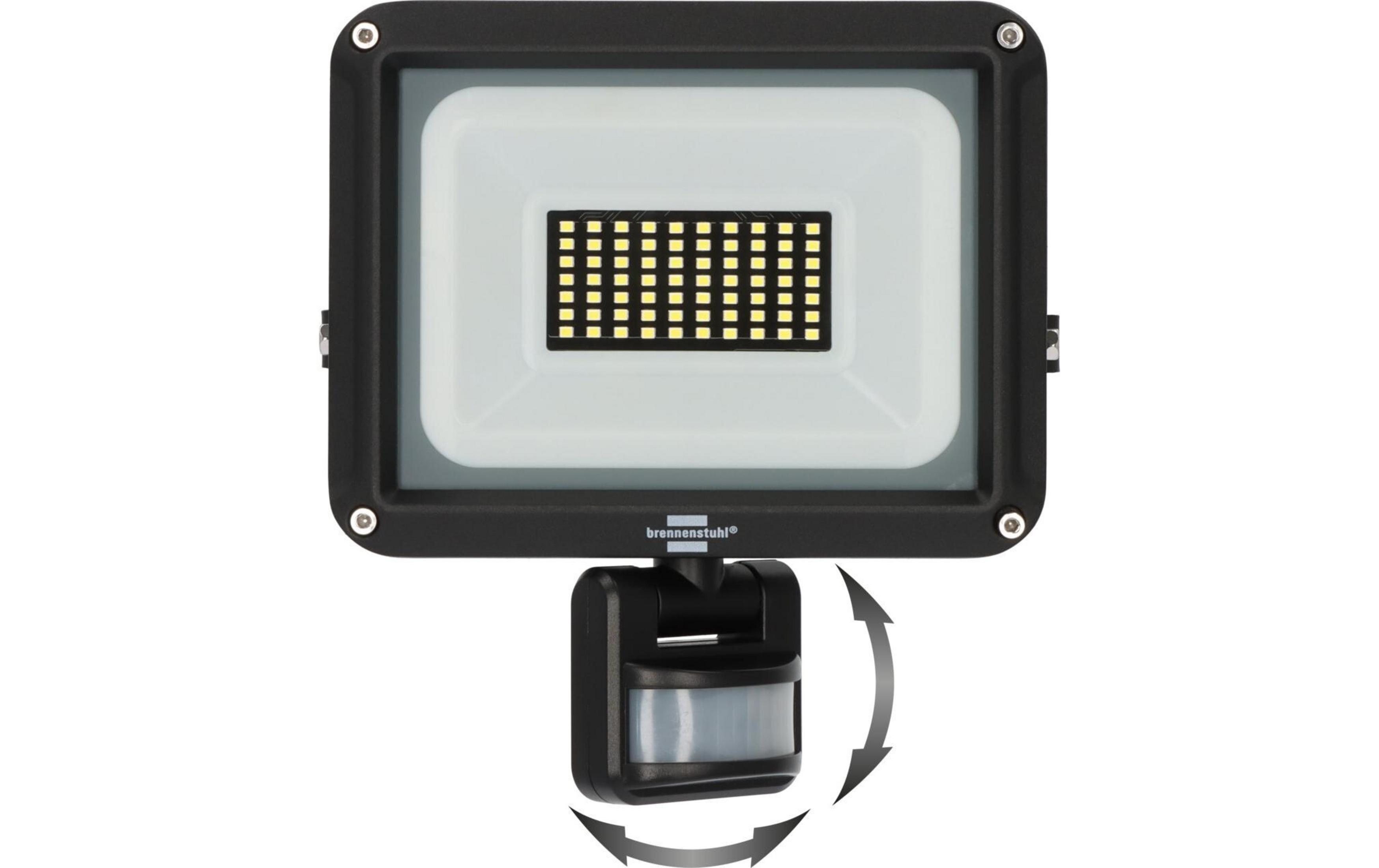 Faretti LED neri con sensore di movimento e viti argentate. Pannello luminoso bianco con LED.