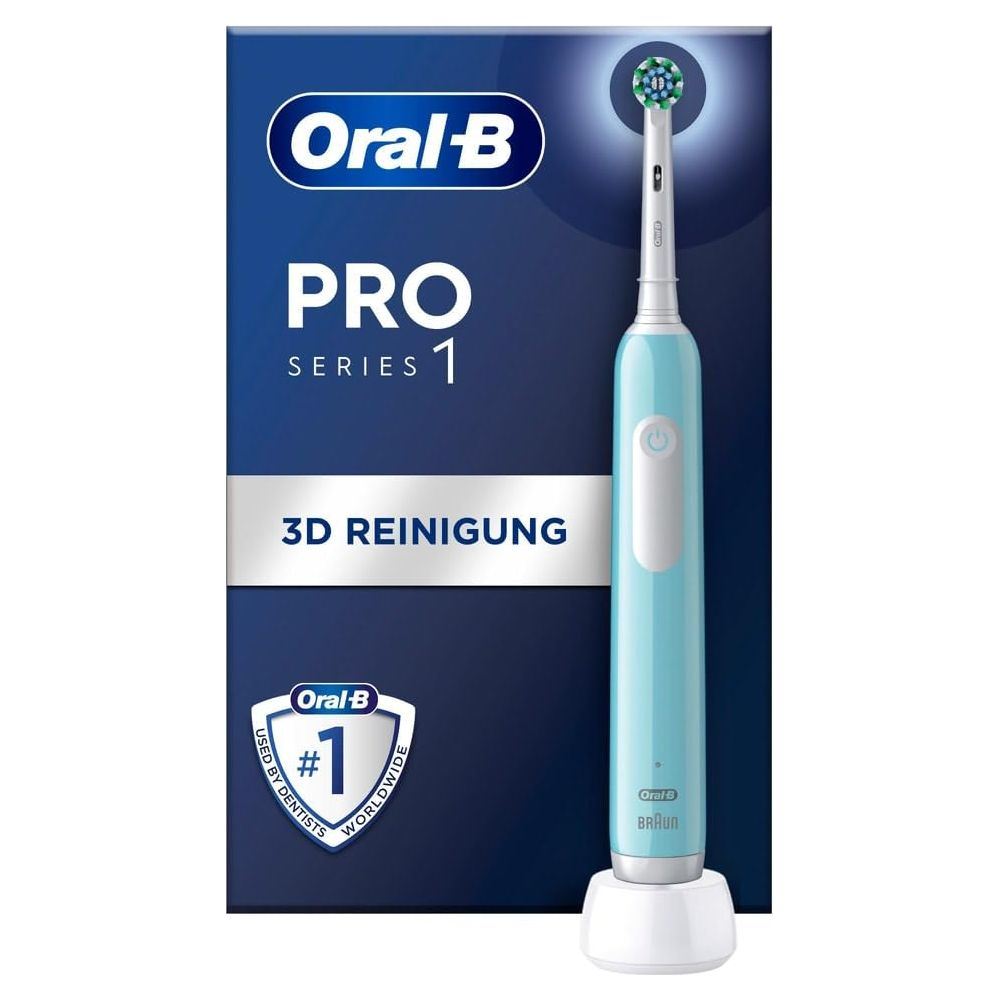 Spazzolino elettrico Oral-B azzurro con caricatore e confezione.