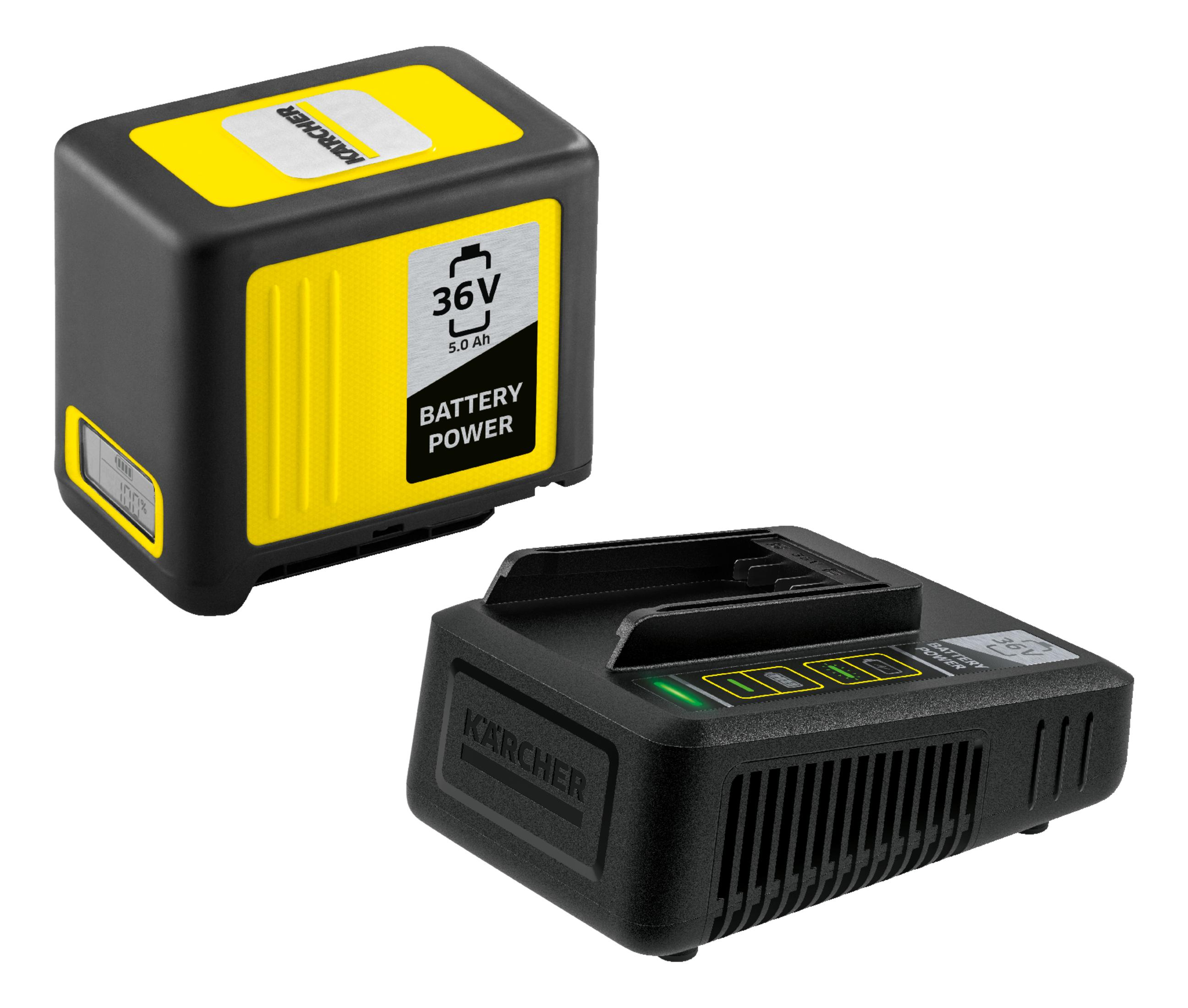 Una batteria nera da 36V con accenti gialli e un caricabatterie.