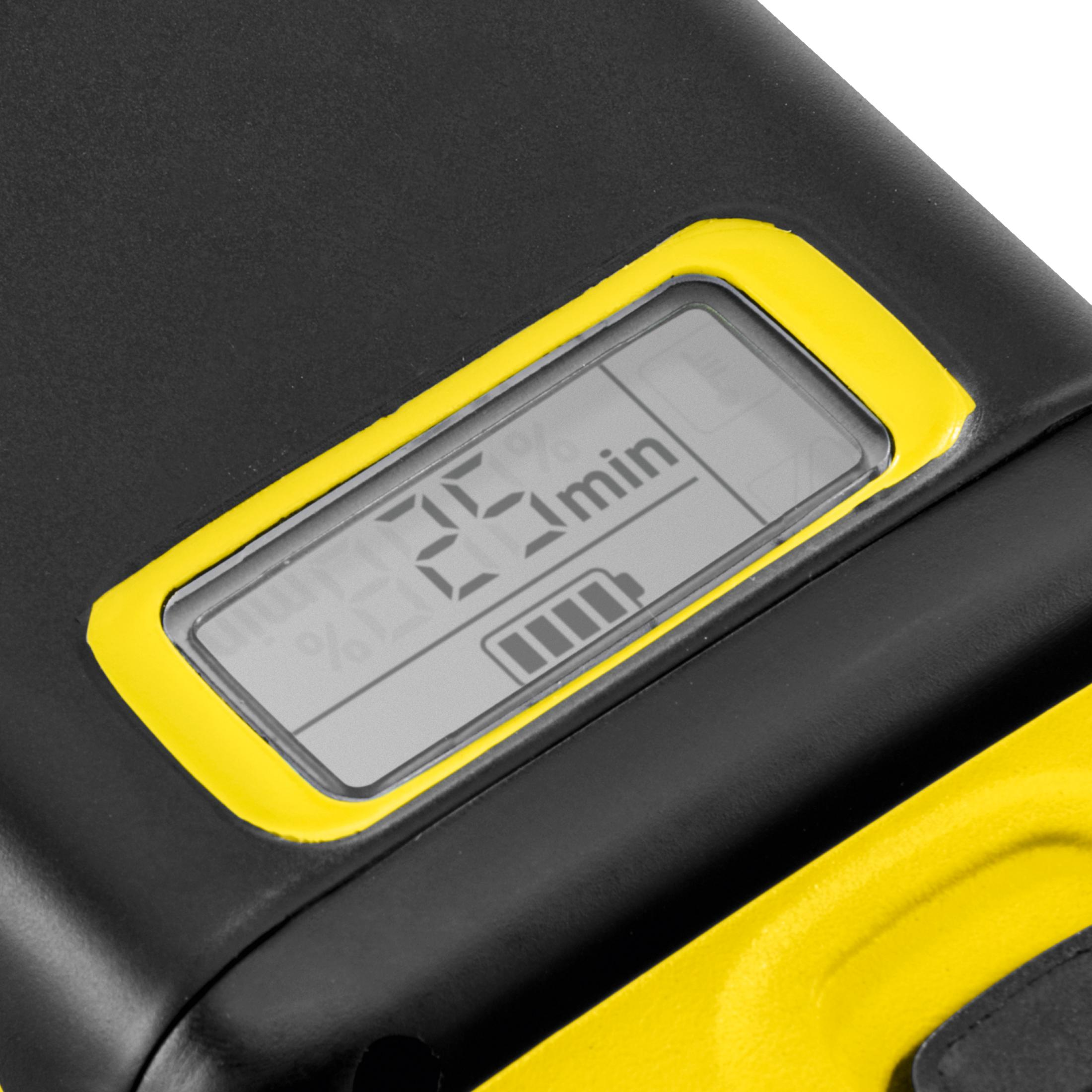 Display digitale mostra 25 minuti e icona batteria. Scocca nera e gialla.