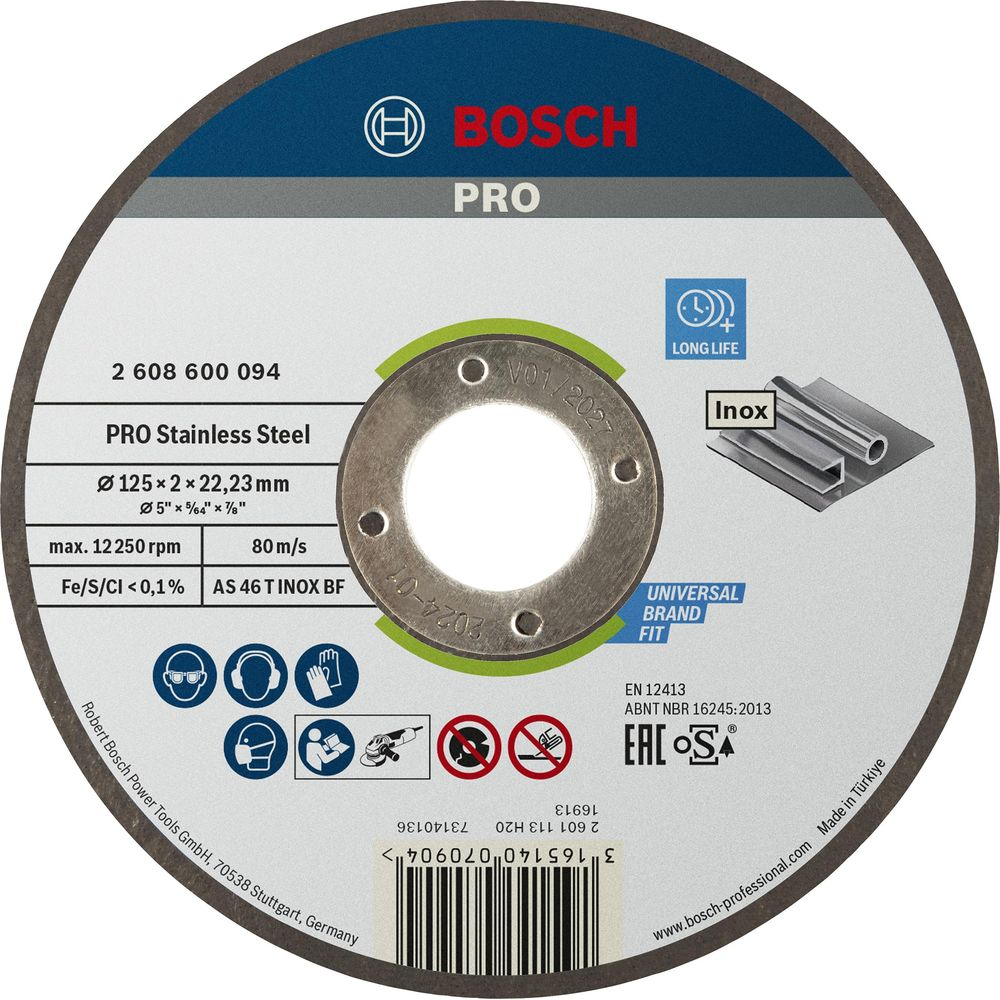 Disque à tronçonner Bosch PRO pour inox, 125mm, 2,23mm, alésage 22,23mm.