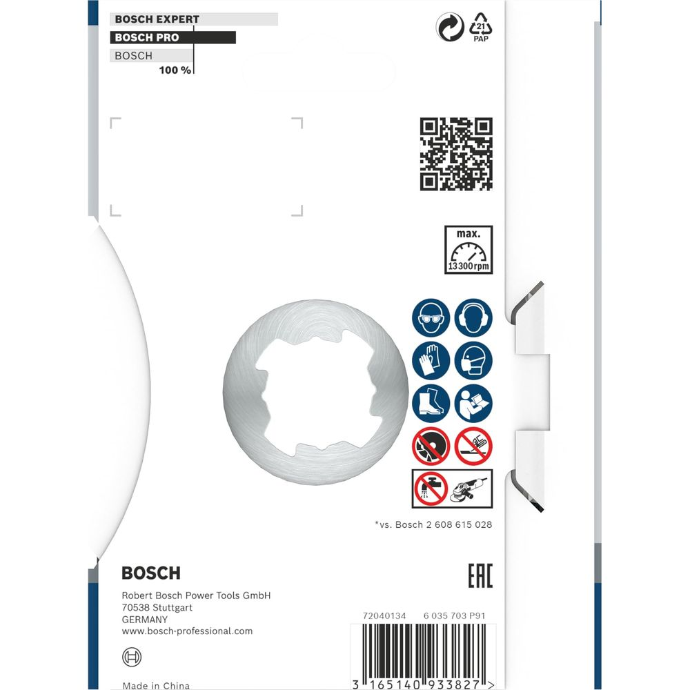 Bosch-Verpackung mit Sicherheits- und Produktinformationen, QR-Code, Drehzahl.