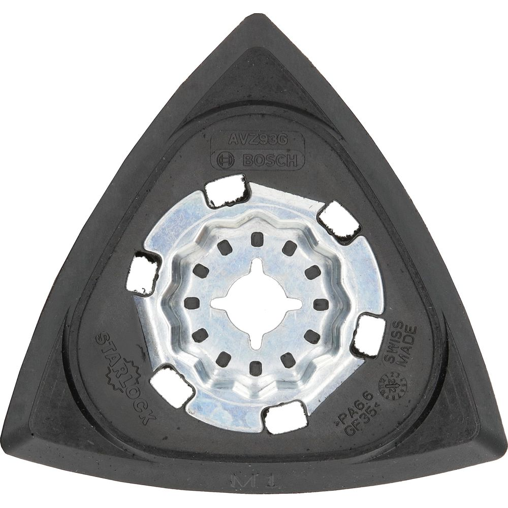 Dreieckige schwarze Schleifplatte mit silberner Sternverschlussaufnahme und Bosch-Logo.