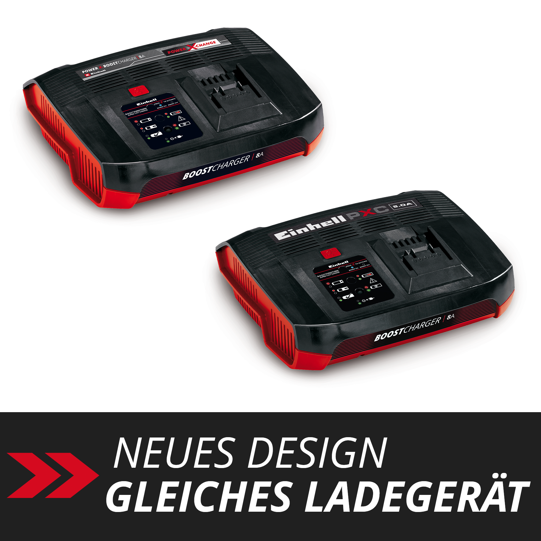 Zwei schwarze und rote Einhell Ladegeräte mit Displays und Ladeanzeigen.