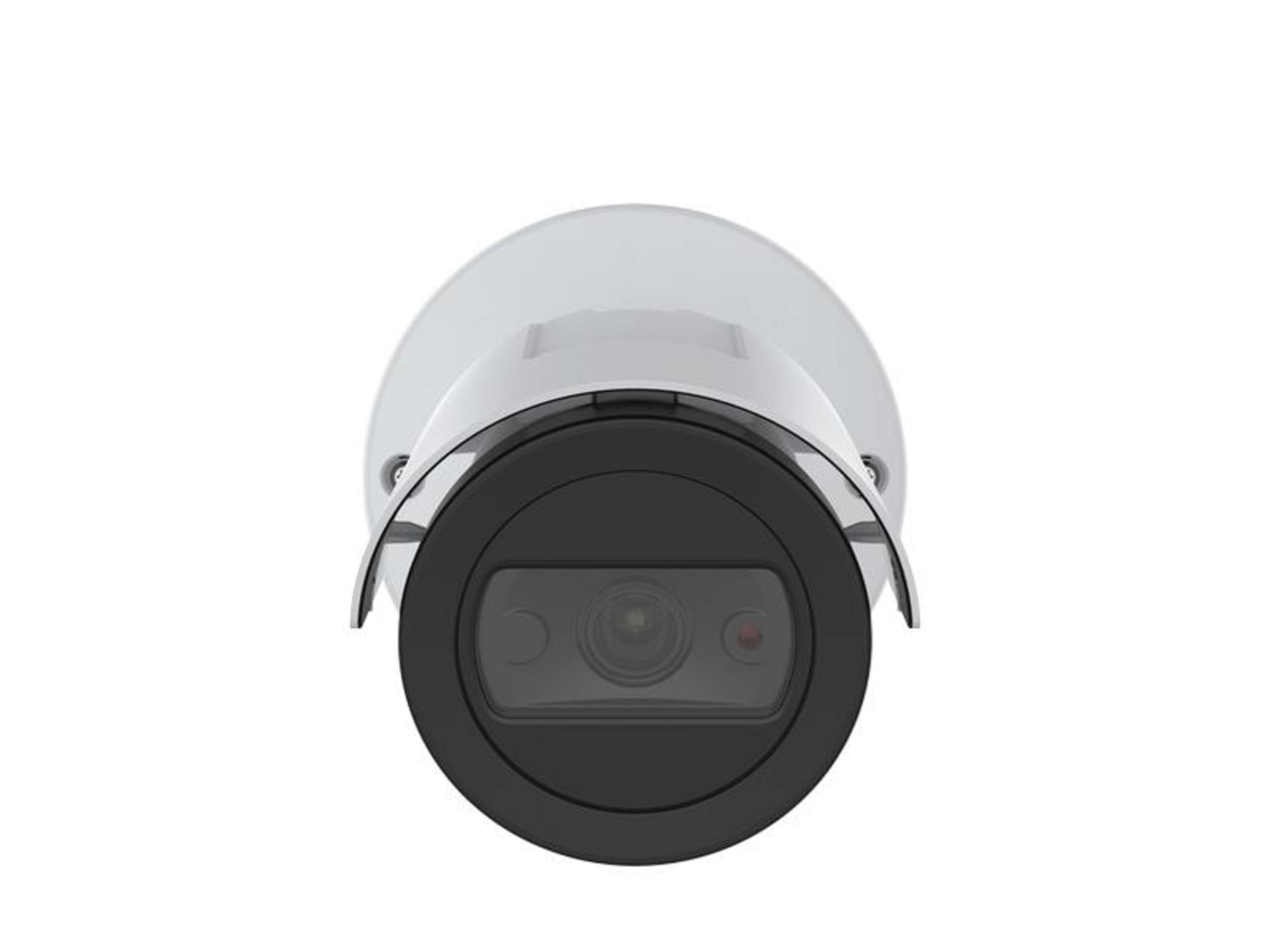 Biała kamera bezpieczeństwa z czarnym obiektywem i małą czerwoną diodą LED.