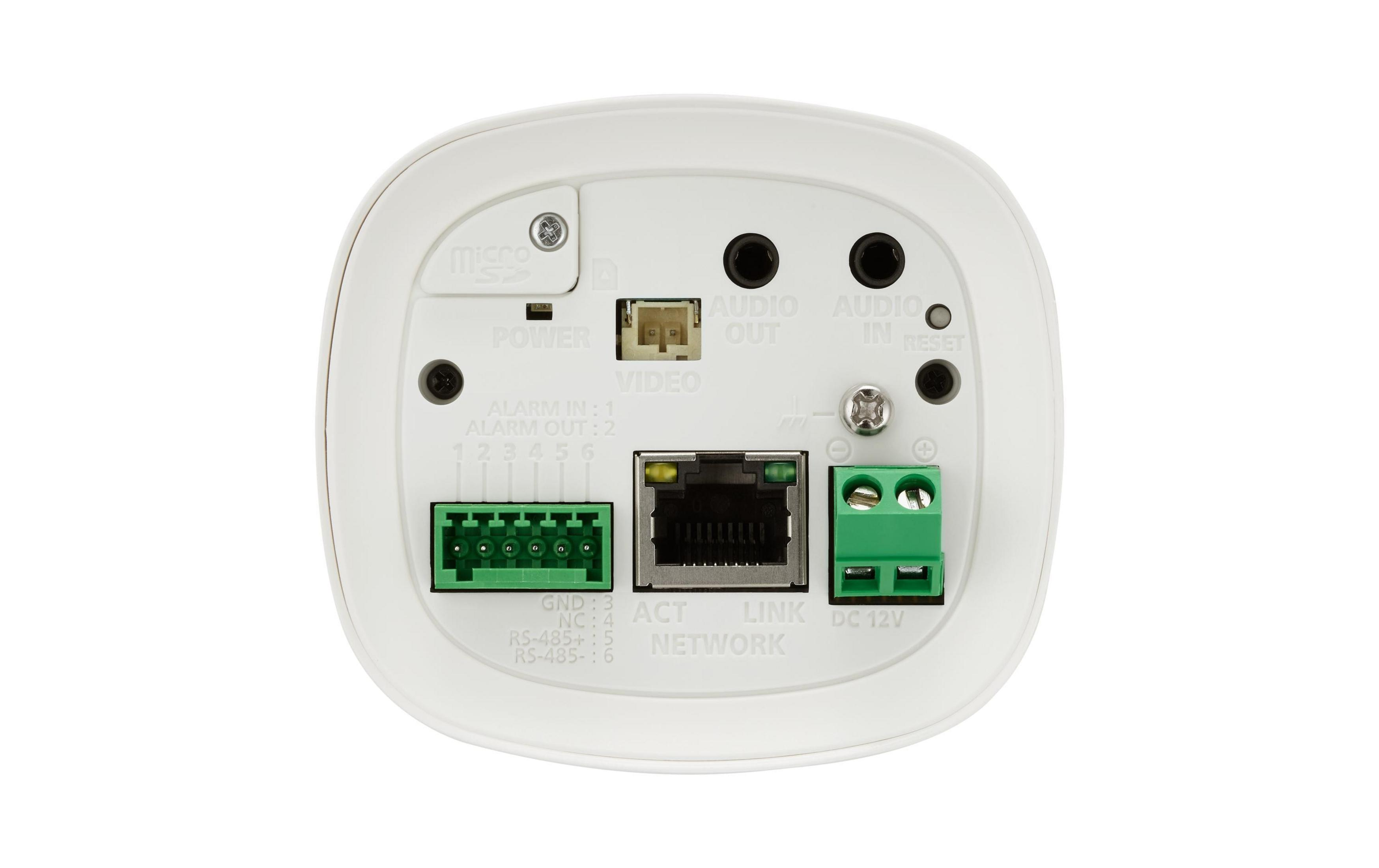 Rückseite einer weißen Kamera mit Anschlüssen für MicroSD, Strom, Video, Audio, Reset und Netzwerk.