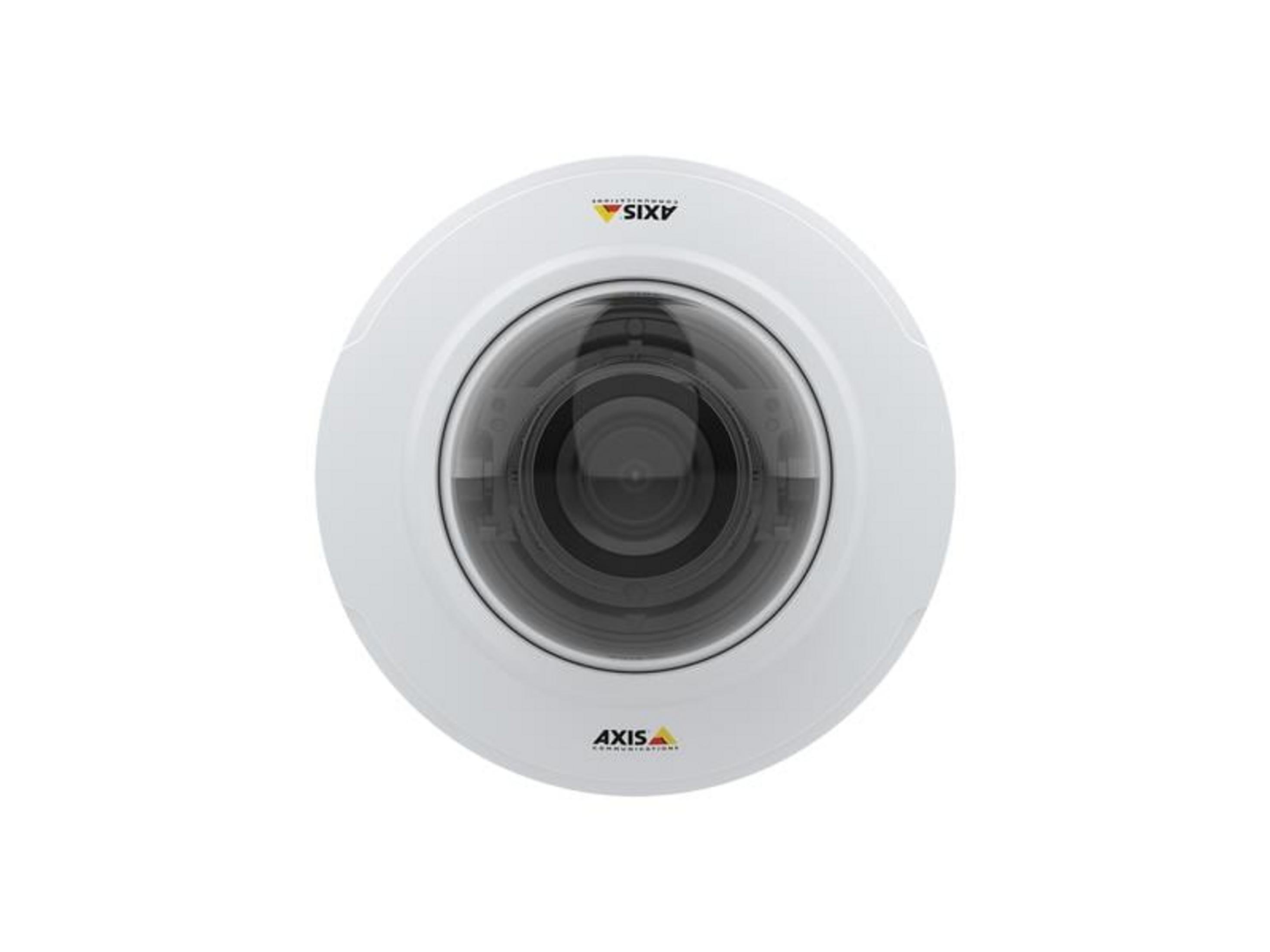 Biała kamera kopułkowa z przezroczystą soczewką i logo AXIS.