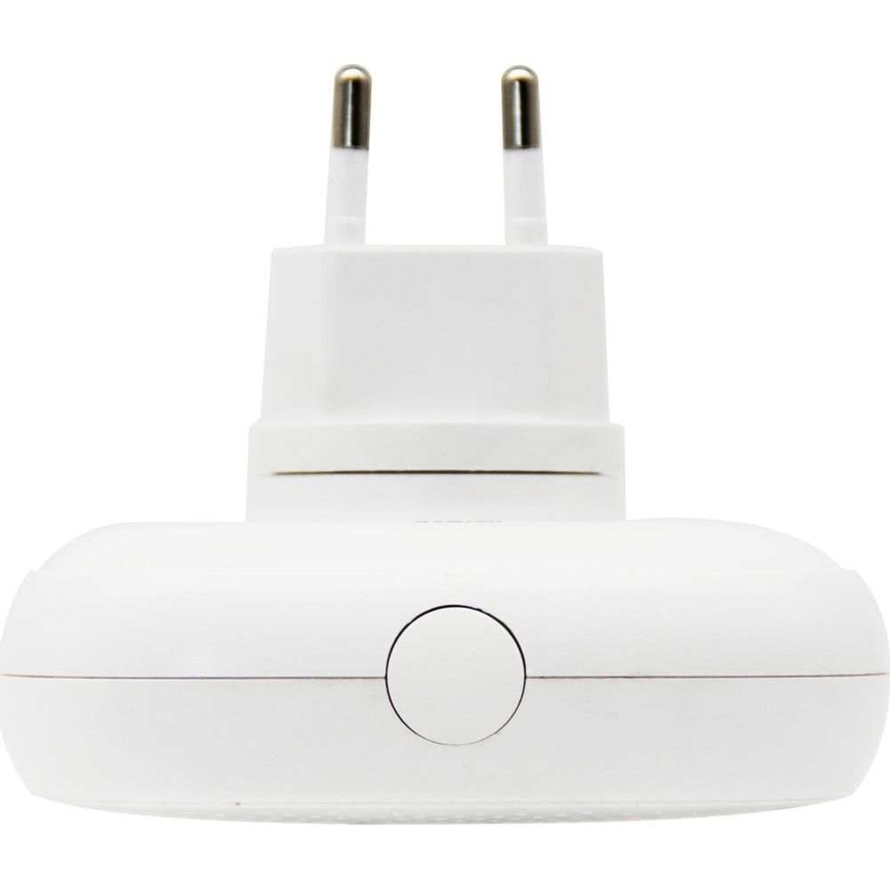 Biały adapter zasilający z dwoma srebrnymi bolcami i okrągłym przyciskiem.