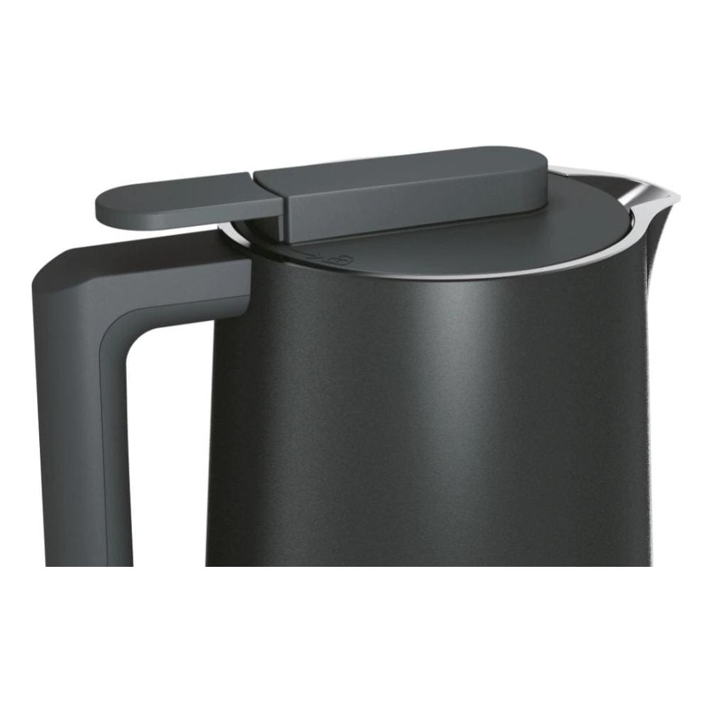 Czajnik elektryczny czarny z uchwytem i otwieraną pokrywą.