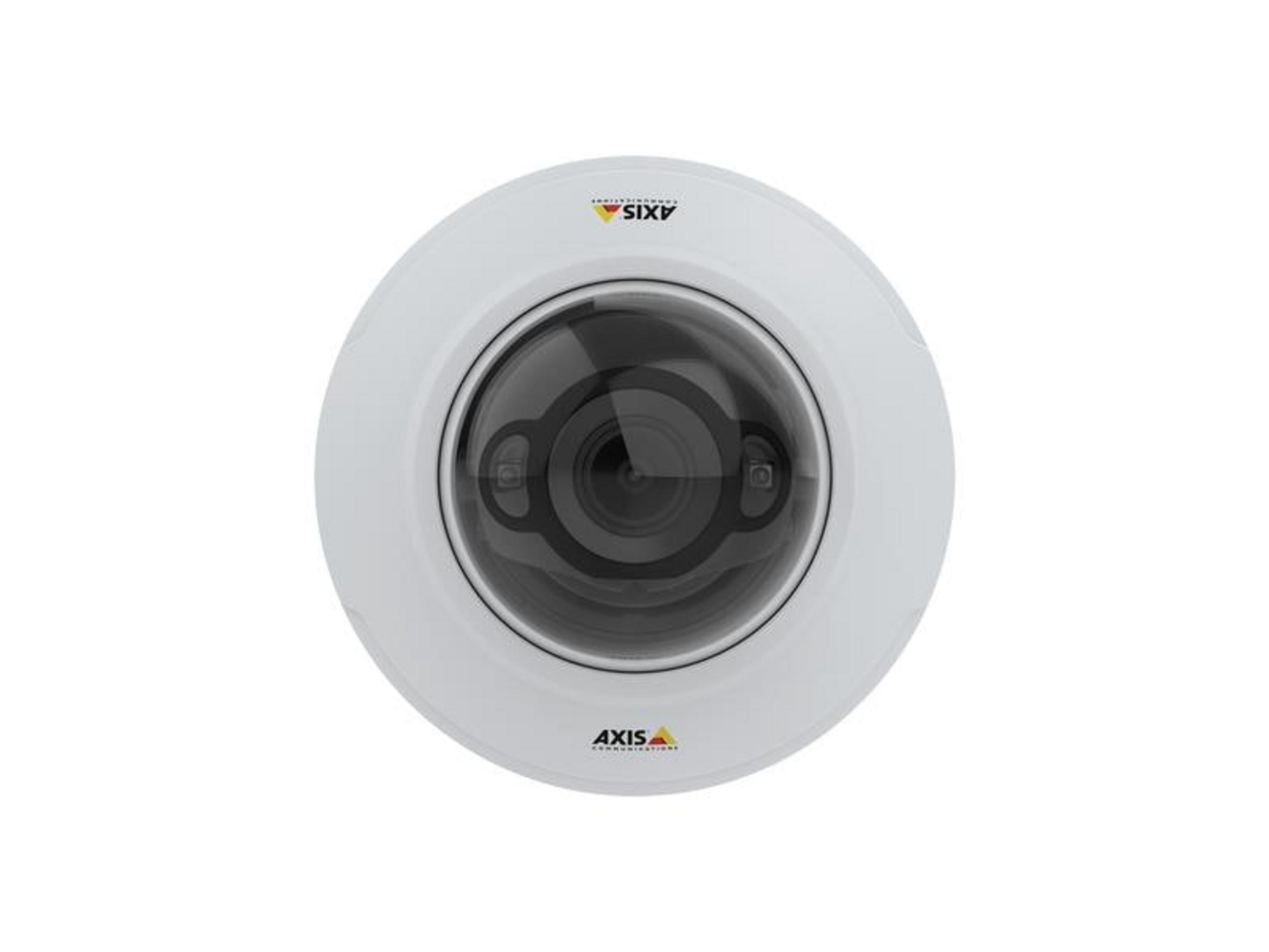 Biała kamera bezpieczeństwa z przezroczystą kopułą i logo Axis.