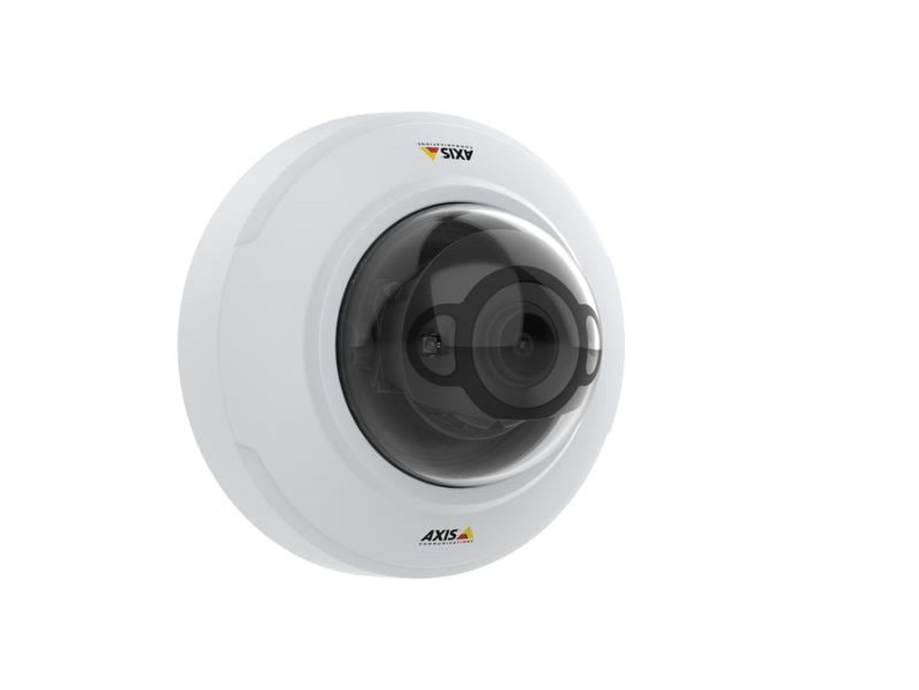 Biała kamera kopułkowa z czarnym obiektywem.