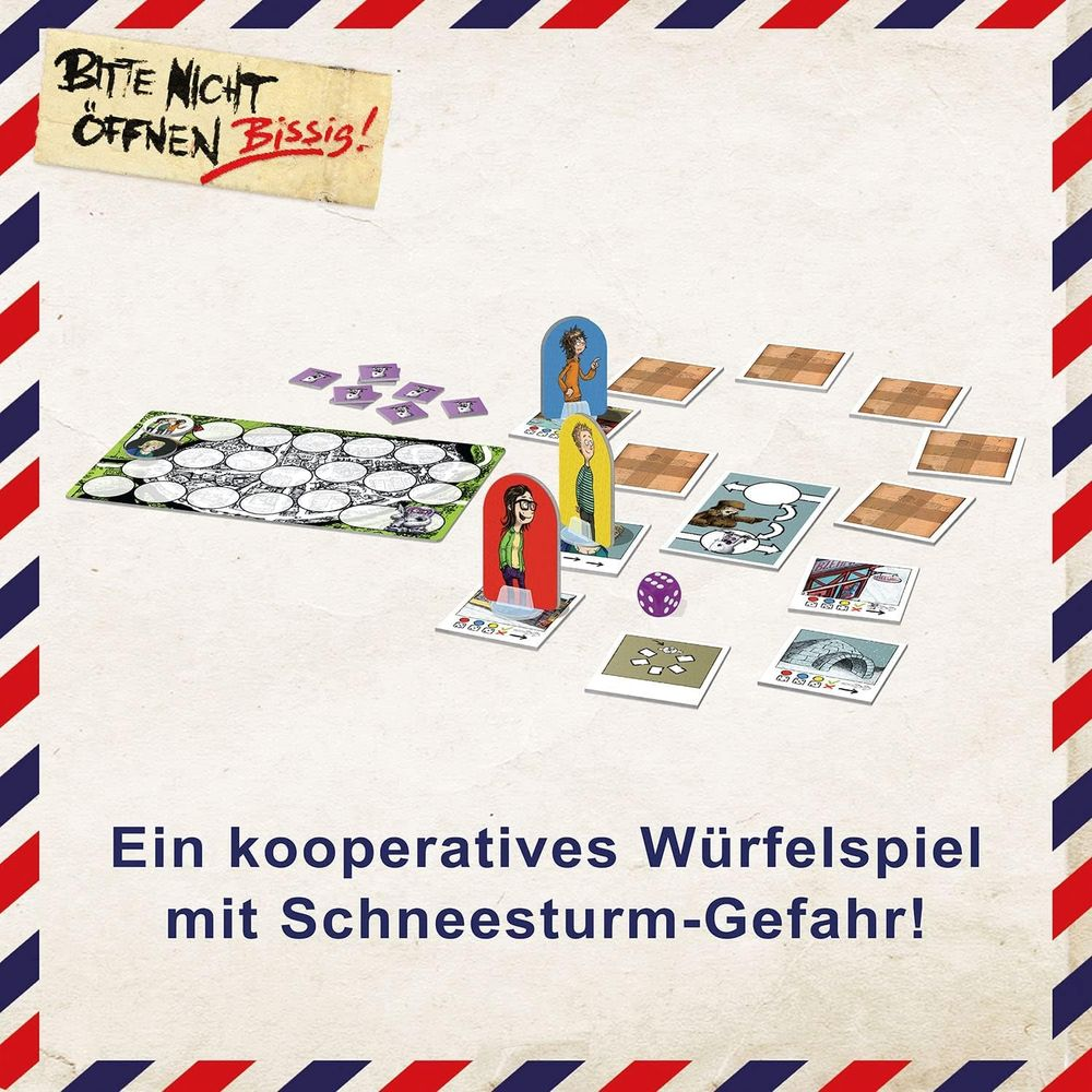 Ein Brettspiel mit Spielfiguren, Karten und einem Würfel.