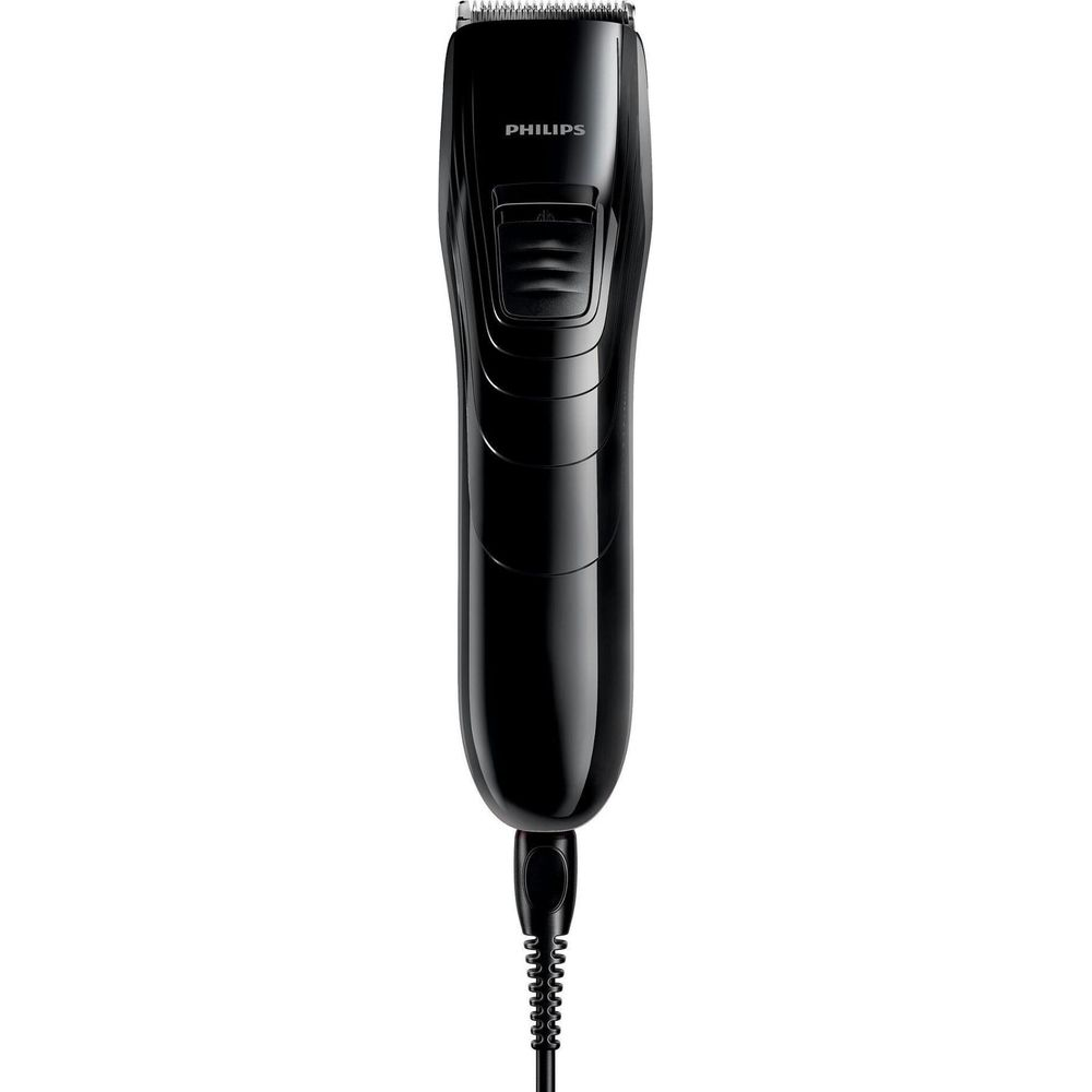 Un recortador de pelo Philips negro con cable sobre fondo blanco.