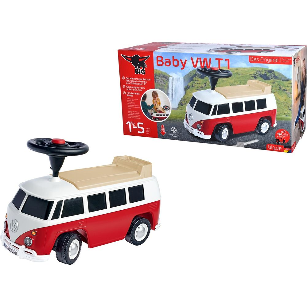 Ein roter und weißer VW Bus Kinder-Rutscher mit Lenkrad und Sitz.