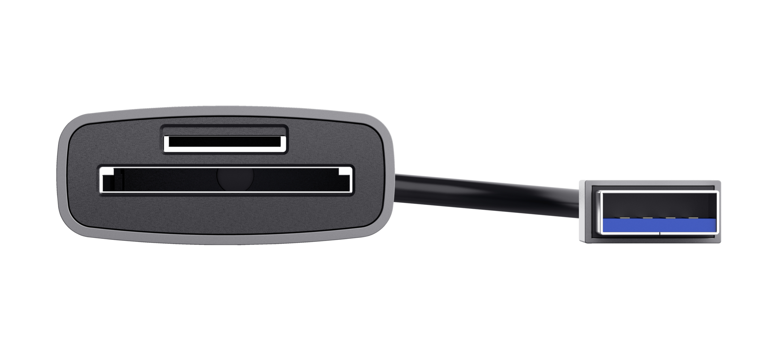 Ciemny czytnik kart ze złączem USB-A i wieloma gniazdami.