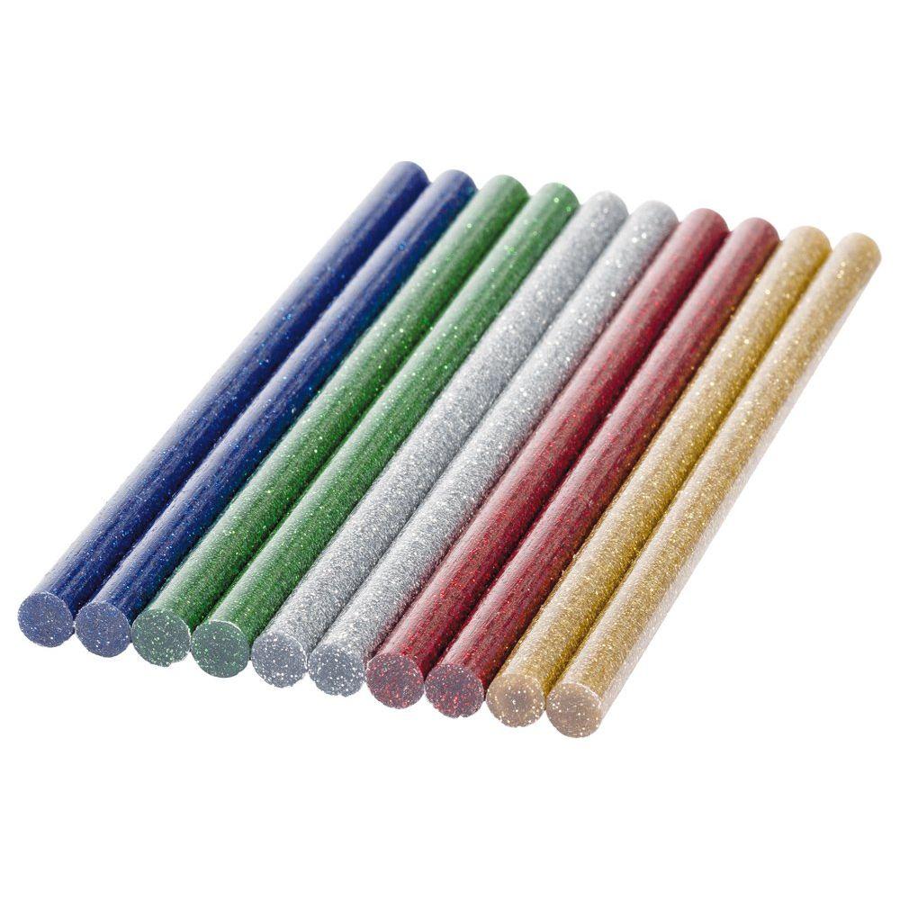 Dix bâtons de colle chaude pailletés colorés sont côte à côte sur fond blanc.