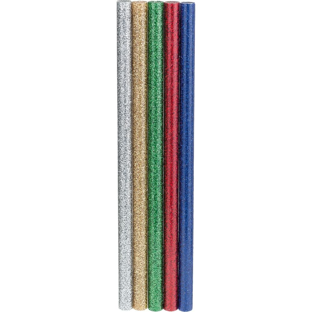Six bâtons de colle pailletés argent, or, vert, rouge et bleu, disposés verticalement.