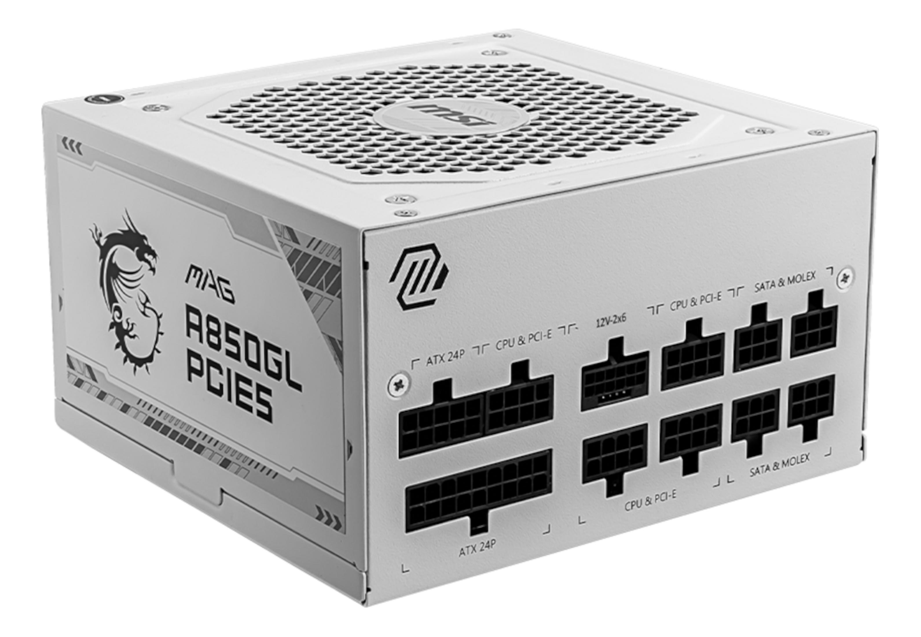 Biały zasilacz MSI MAG A850GL PCIES z opisanymi portami.