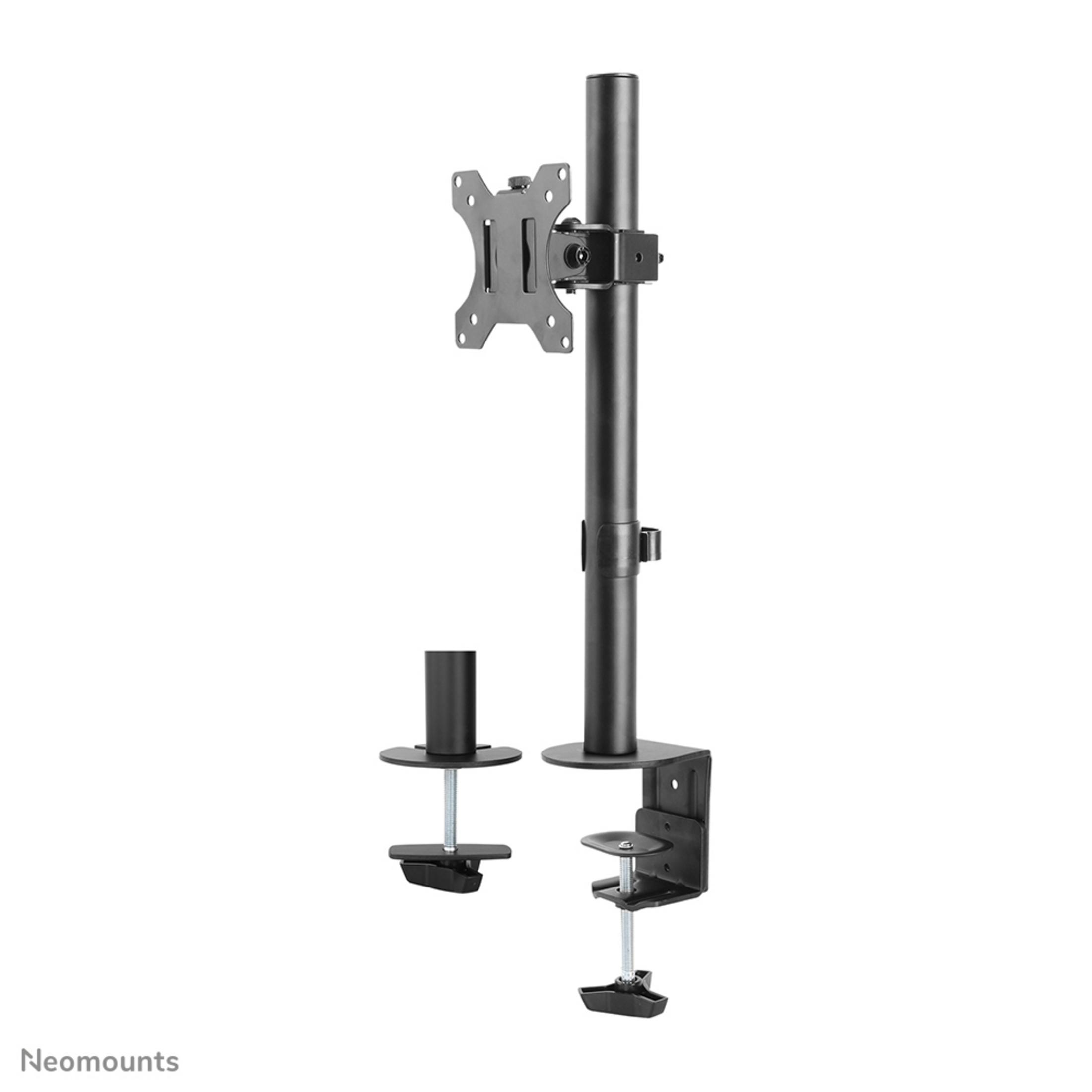 Ein schwarzer Monitorarm mit Tischklemme und Plattfuß.