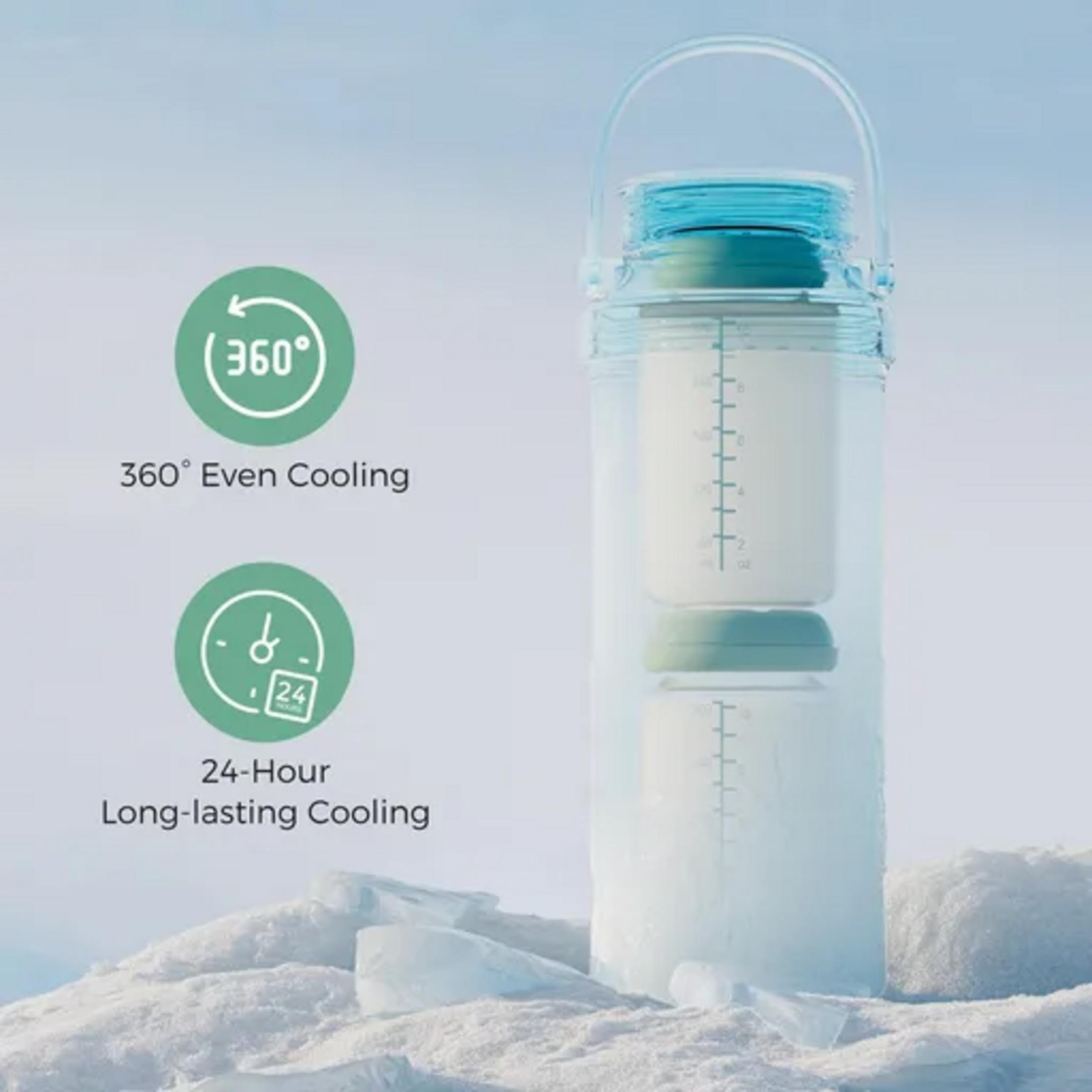 Una botella transparente con tapa azul, rodeada de hielo y nieve. Presenta iconos para enfriamiento 360°.