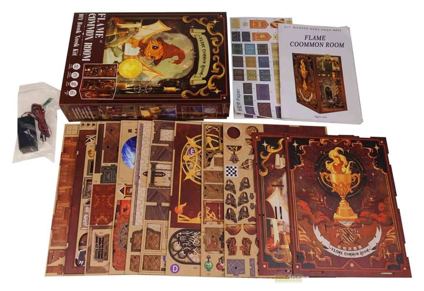 Kit de coin livre DIY 'Flame Common Room' avec pièces et instructions.