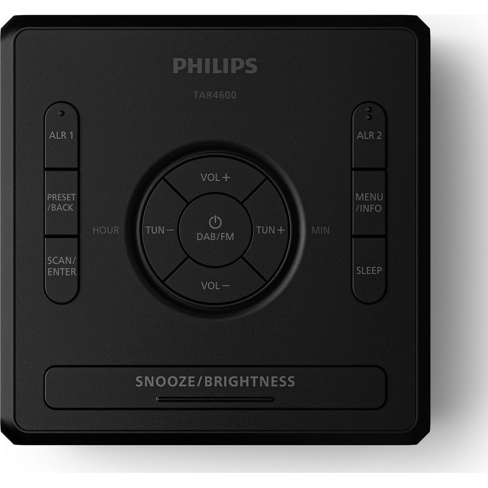 Schwarzer Philips Radiowecker TAR4600 mit Bedientasten.